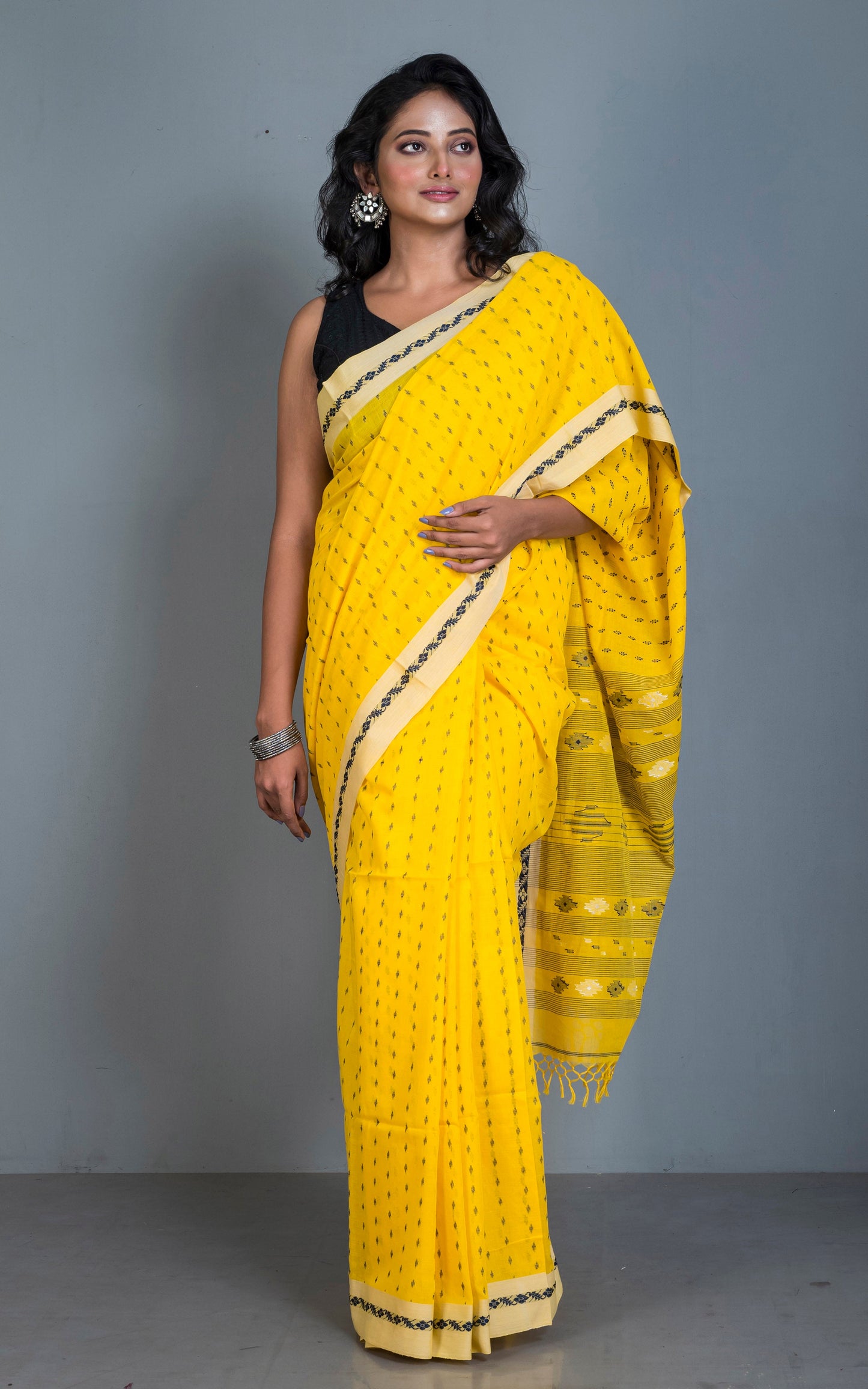 Woven Nakshi Work Authentic Khaddar Cotton Jamdani Saree in Bright Yellow, Beige and Black