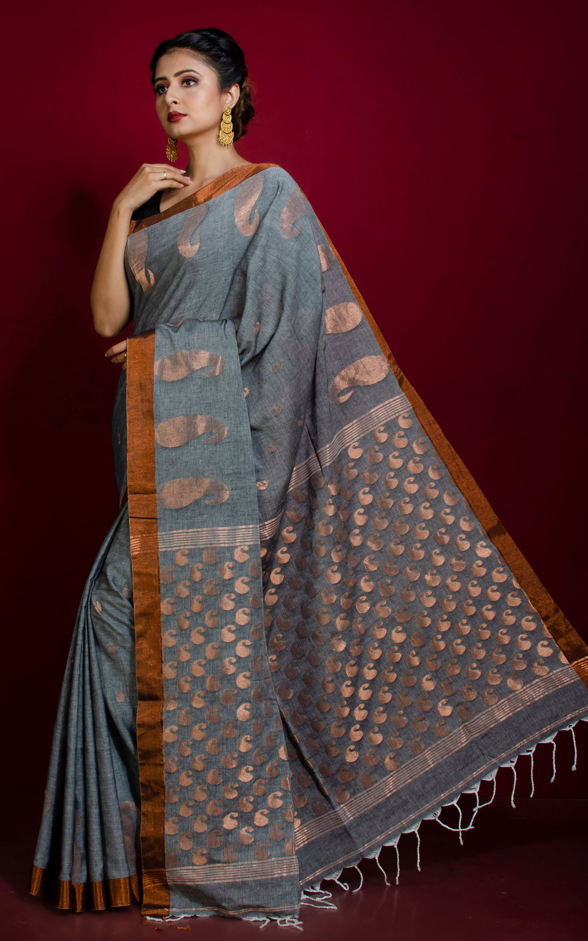 Premium Quality Double Warp Soft Pure Cotton Saree in Slate Grey and Copper Zari Work