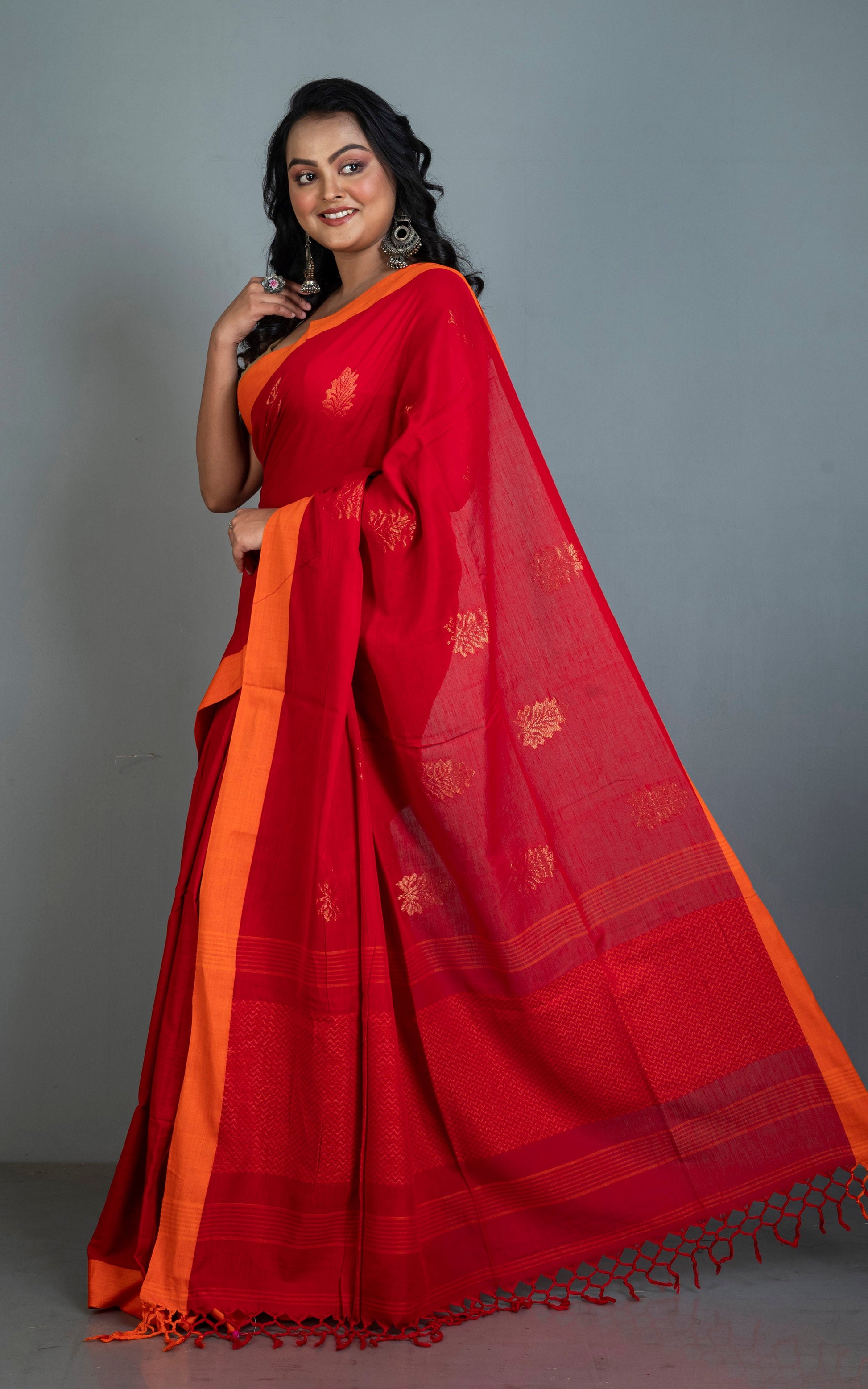 Handwoven Poth Soft Cotton Saree in Crimson Red, Gold and Orange