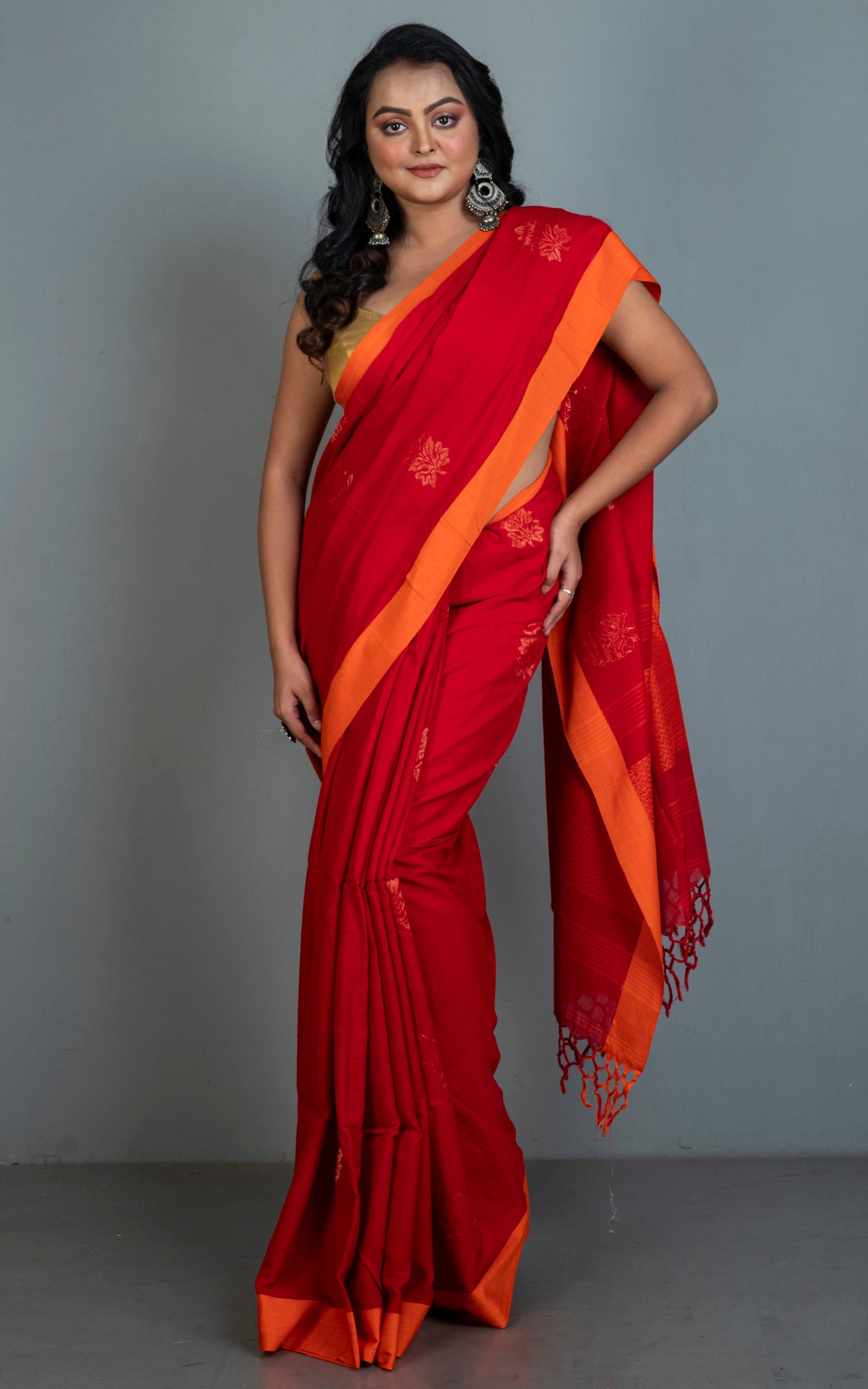 Handwoven Poth Soft Cotton Saree in Crimson Red, Gold and Orange