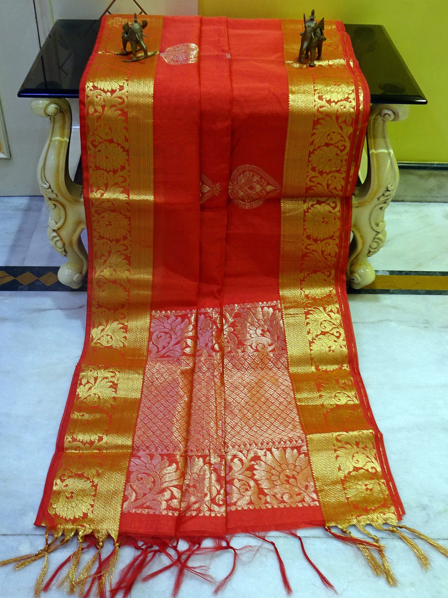 Cotton Silk Kanjivaram Saree in Orange, Silver and Gold