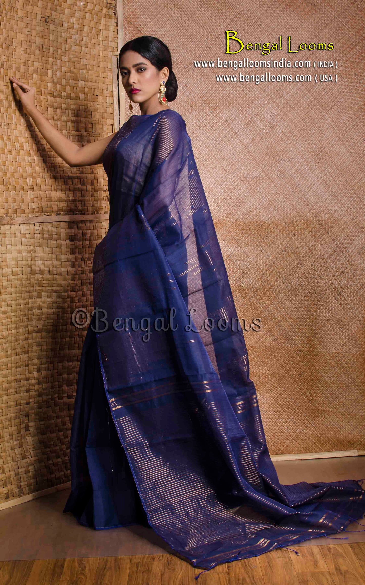 Khadi Cotton Silk Saree with Temple Border in Midnight Blue - Bengal Looms India