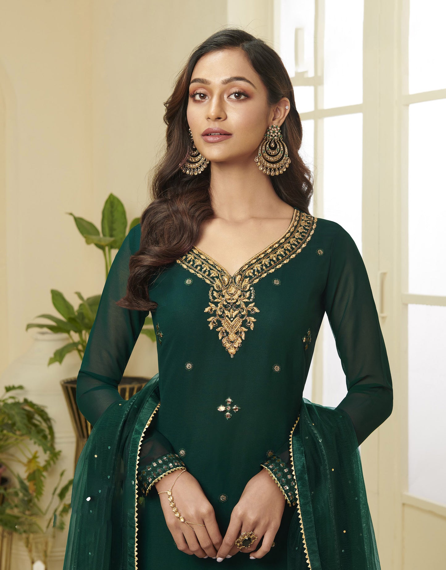 Green Gota Work Georgette Festive Sharara