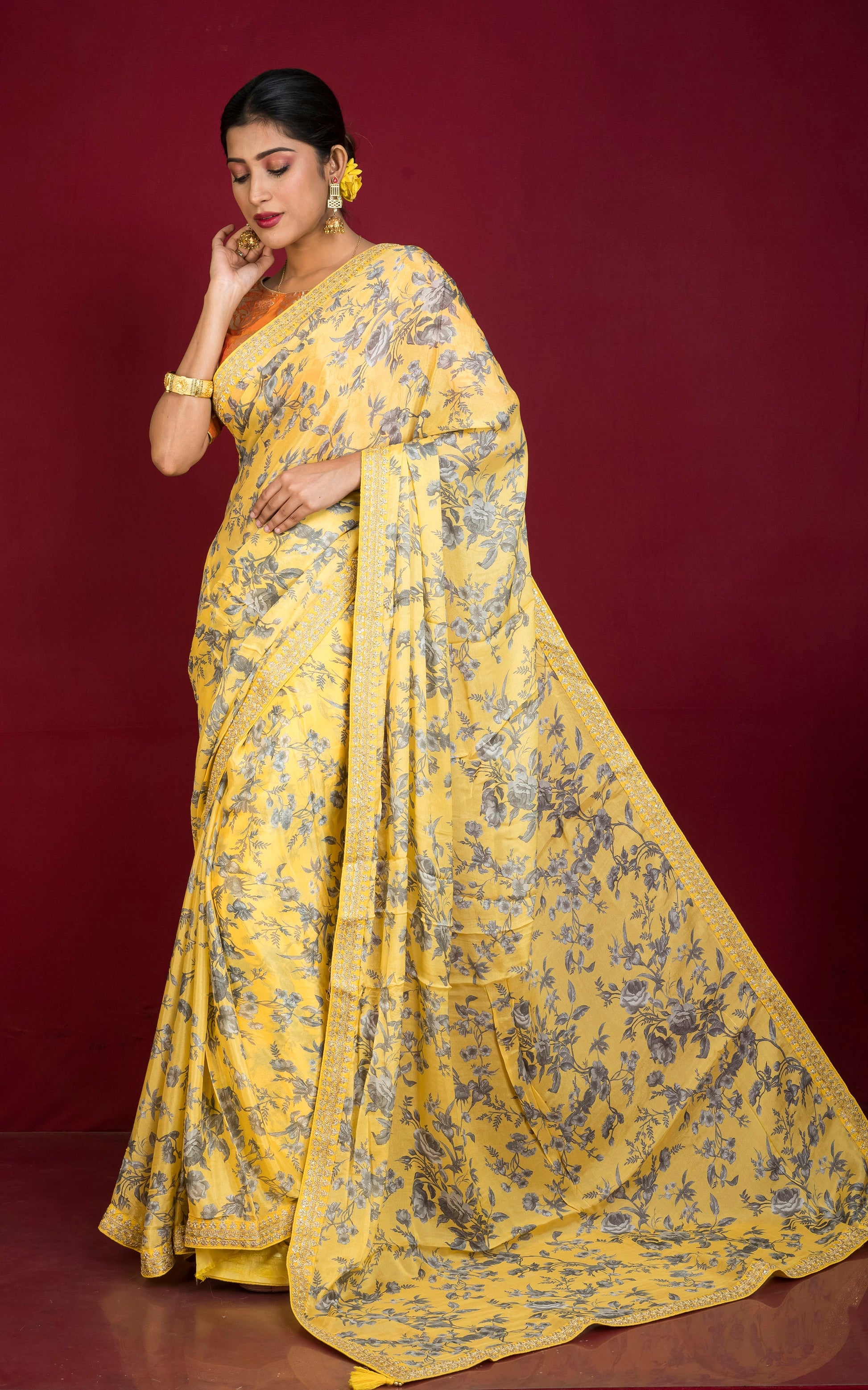 Designer Chinon Crepe Silk Zardozi Saree in Banana Yellow, Off White and Grey