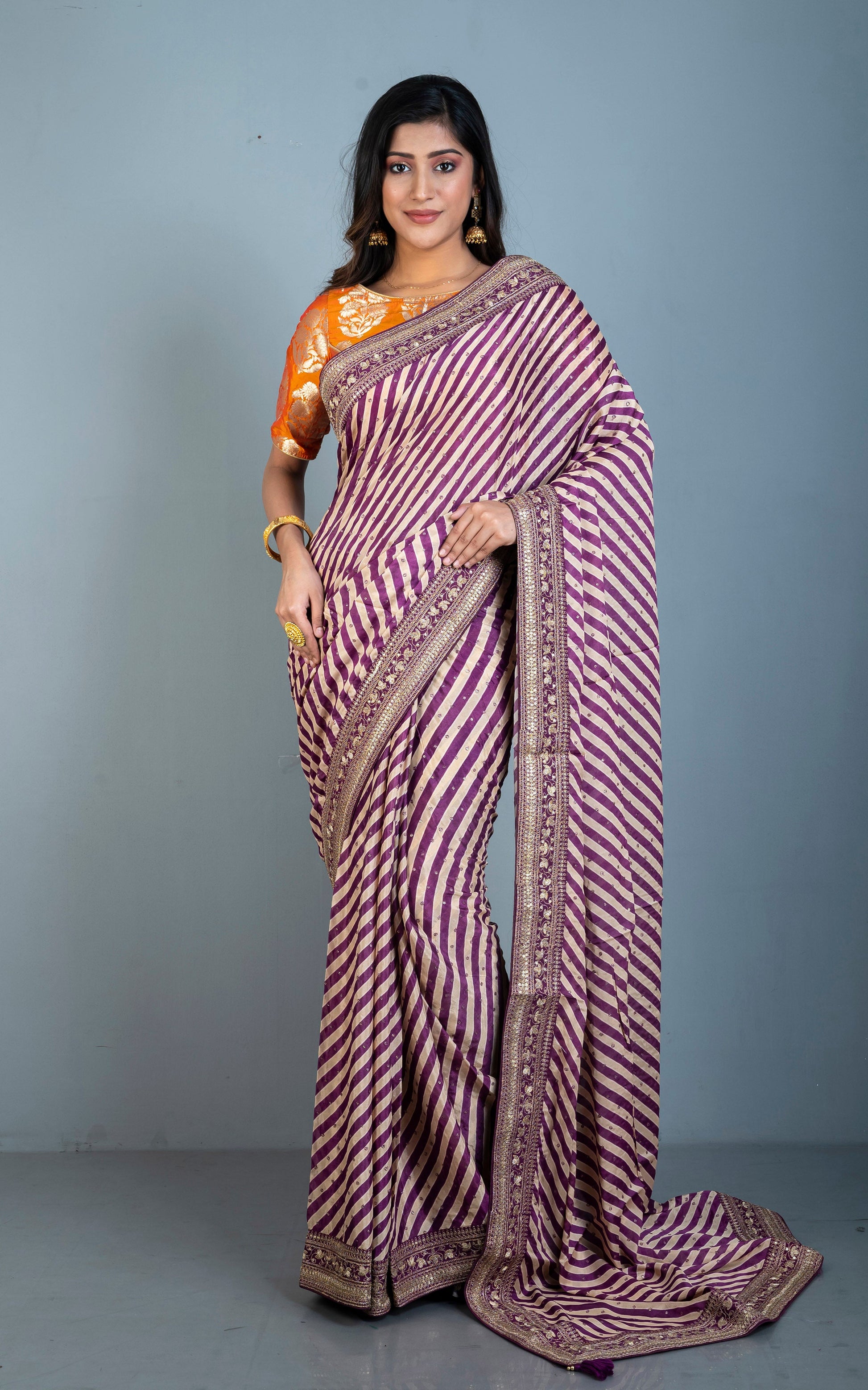 Chinon Crepe Silk Zardozi Work Saree in Byzantine Purple and Biscotti