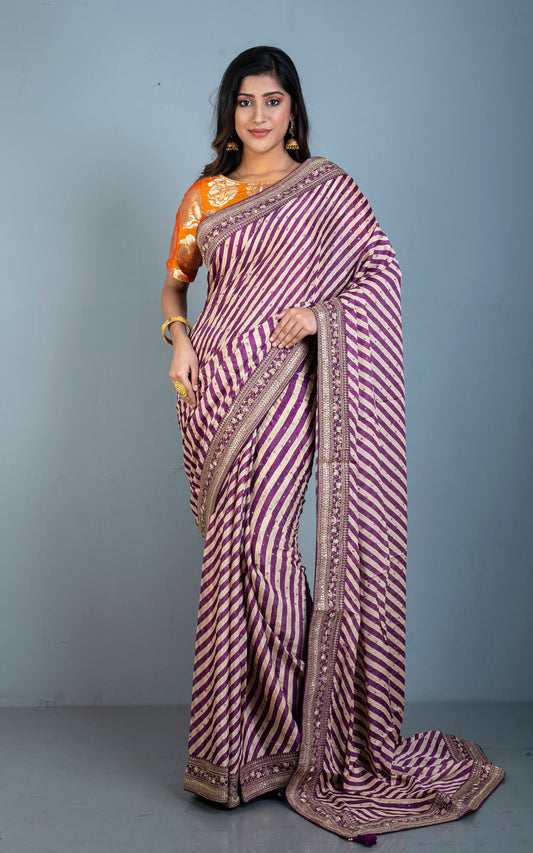 Chinon Crepe Silk Zardozi Work Saree in Byzantine Purple and Biscotti