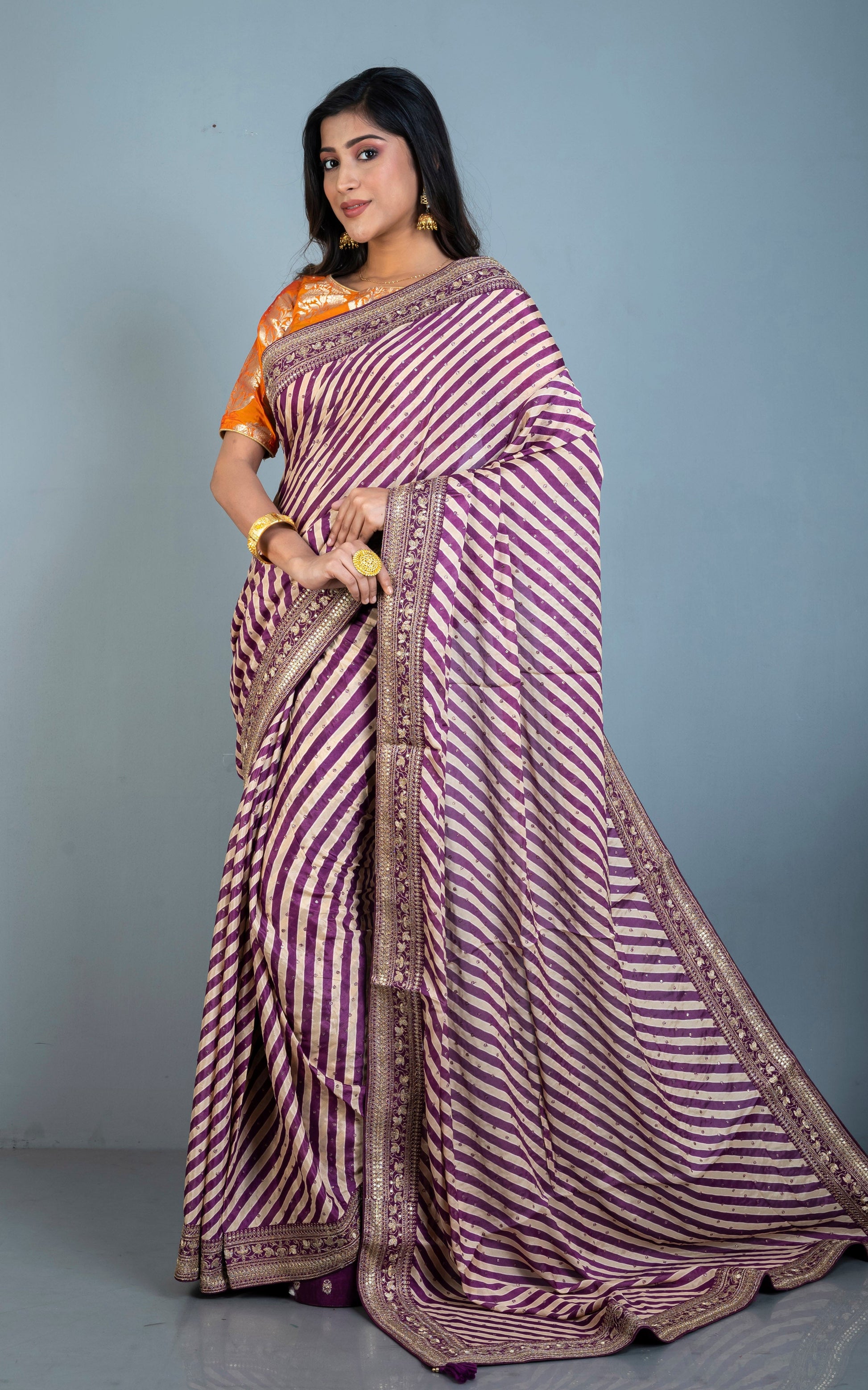 Chinon Crepe Silk Zardozi Work Saree in Byzantine Purple and Biscotti