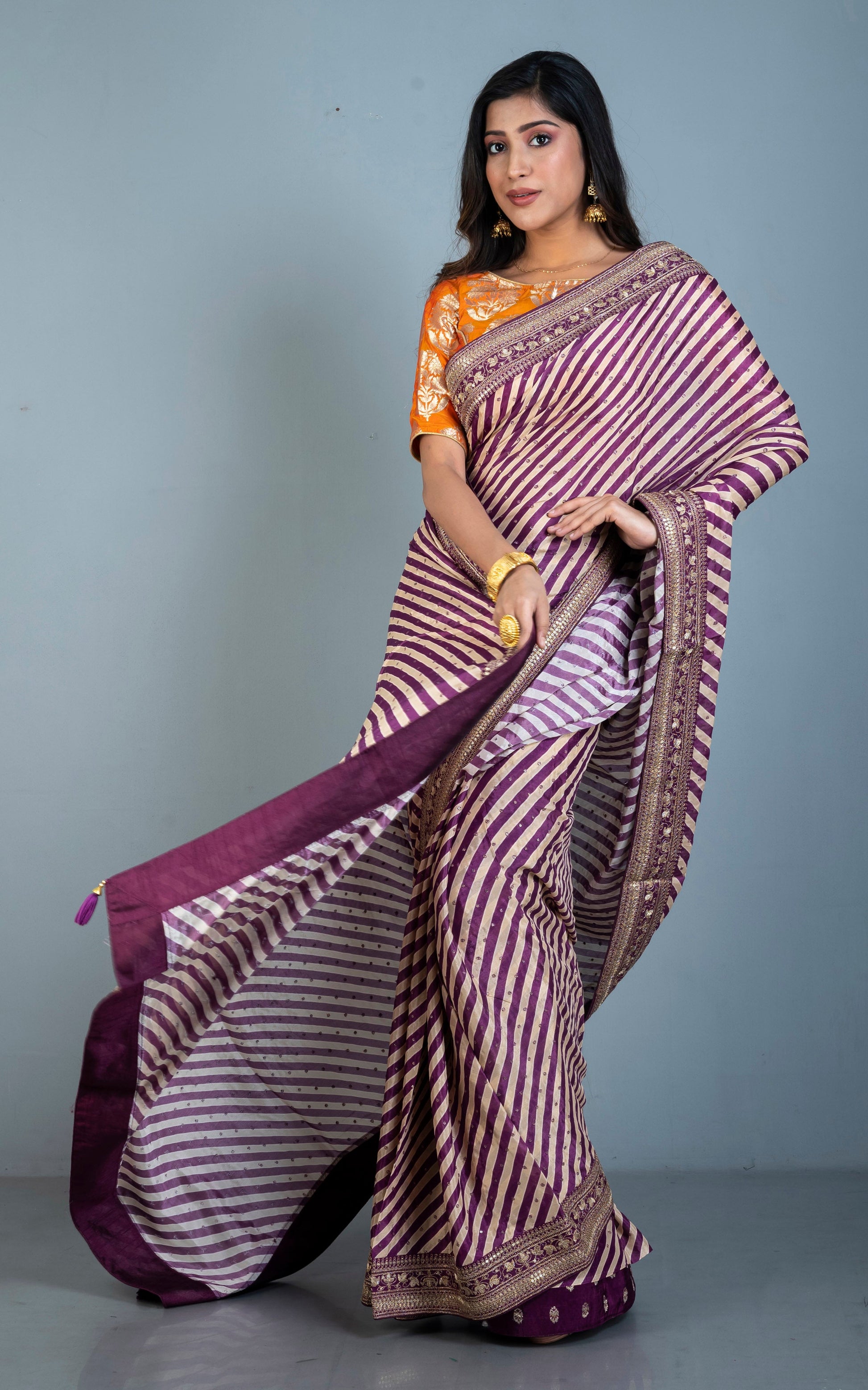 Chinon Crepe Silk Zardozi Work Saree in Byzantine Purple and Biscotti