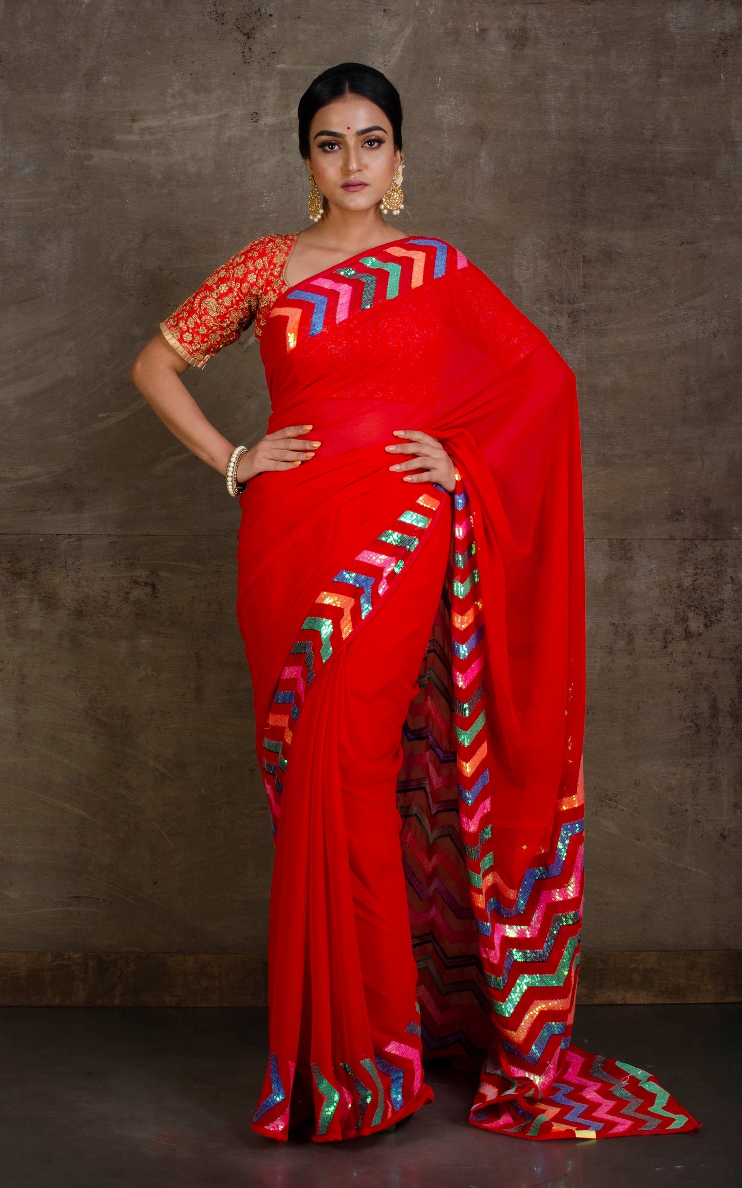 Designer Georgette Bollywood Saree with Woven Sequin Work in Red and Multicolored