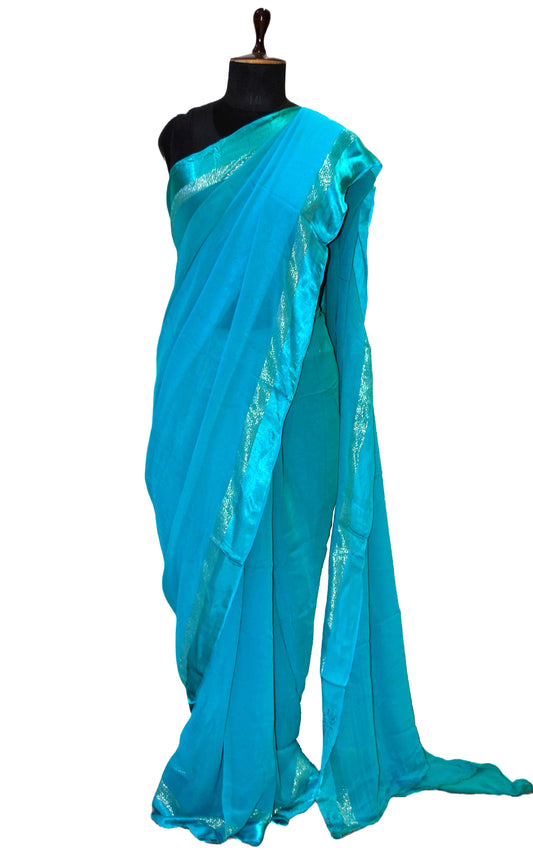 Designer Dual Shaded Georgette Saree in Sea Green and Silver Zari Work