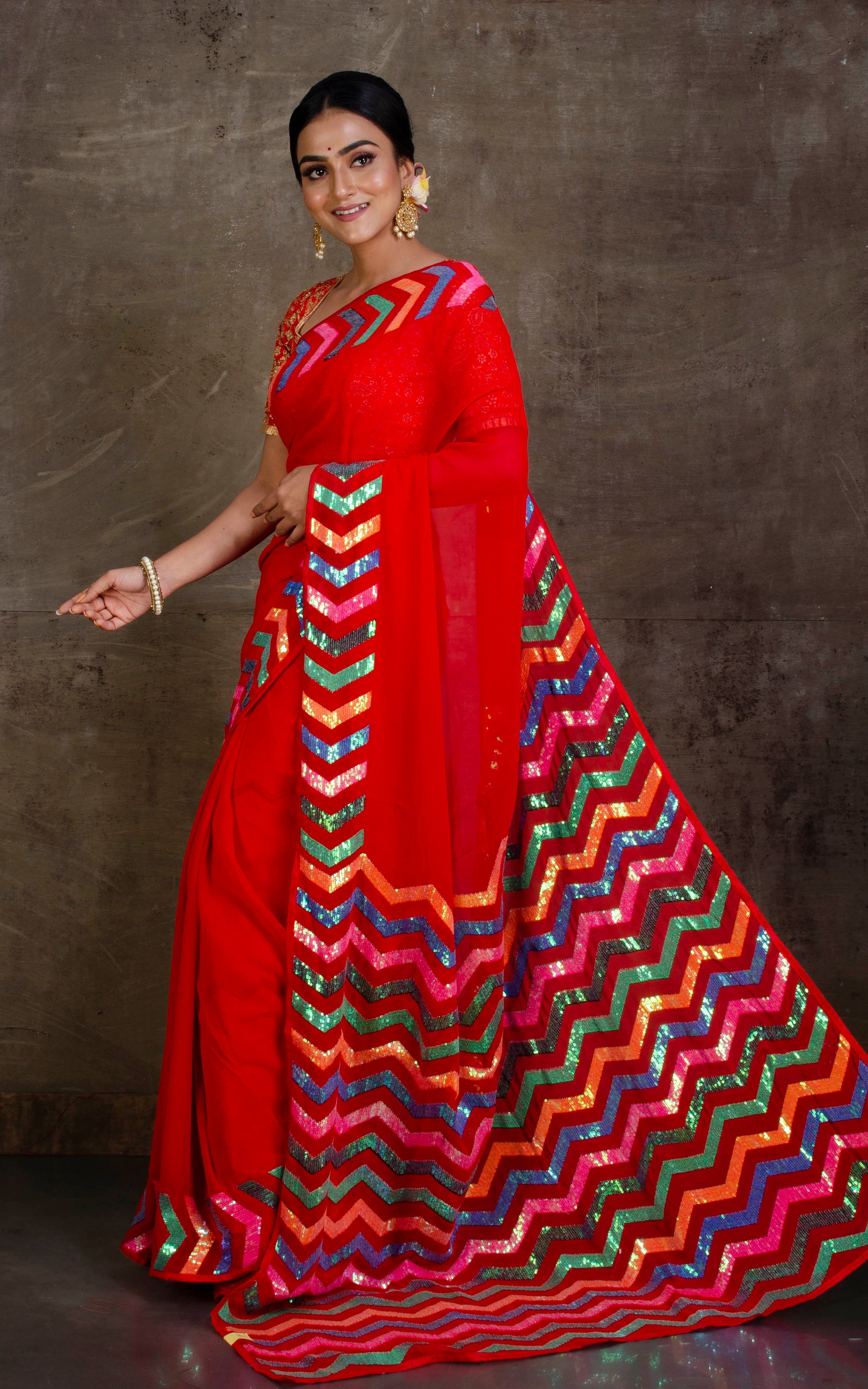 Designer Georgette Bollywood Saree with Woven Sequin Work in Red and Multicolored