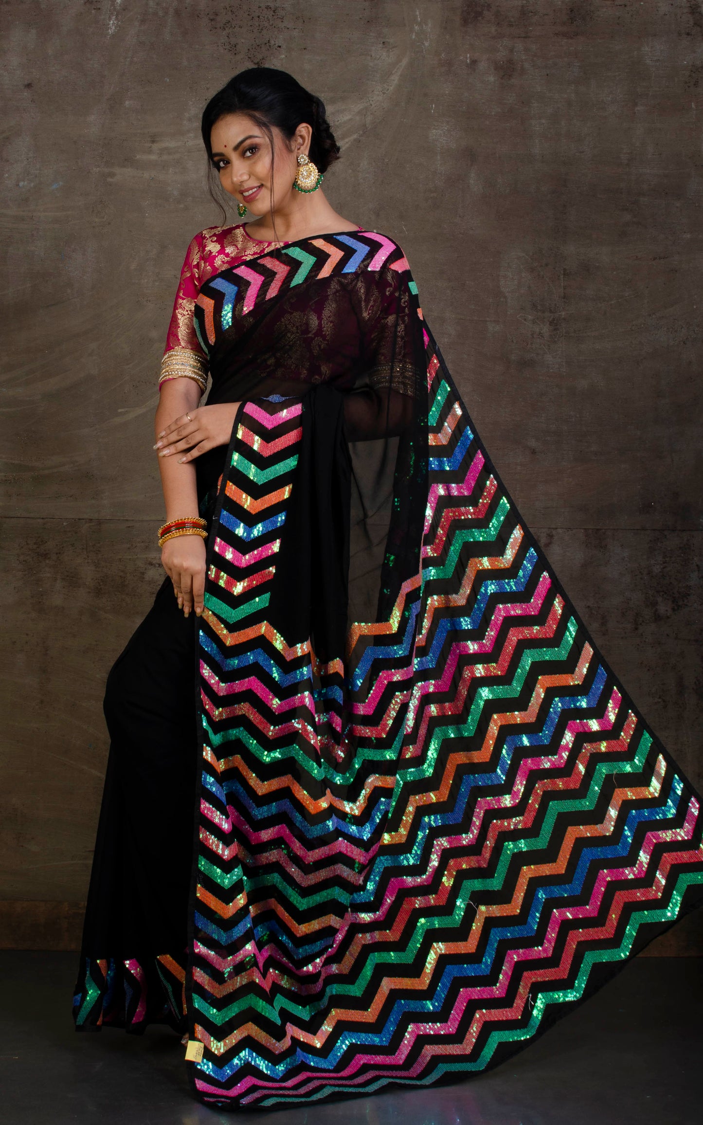 Designer Georgette Bollywood Saree with Woven Sequin Work in Black and Multicolored