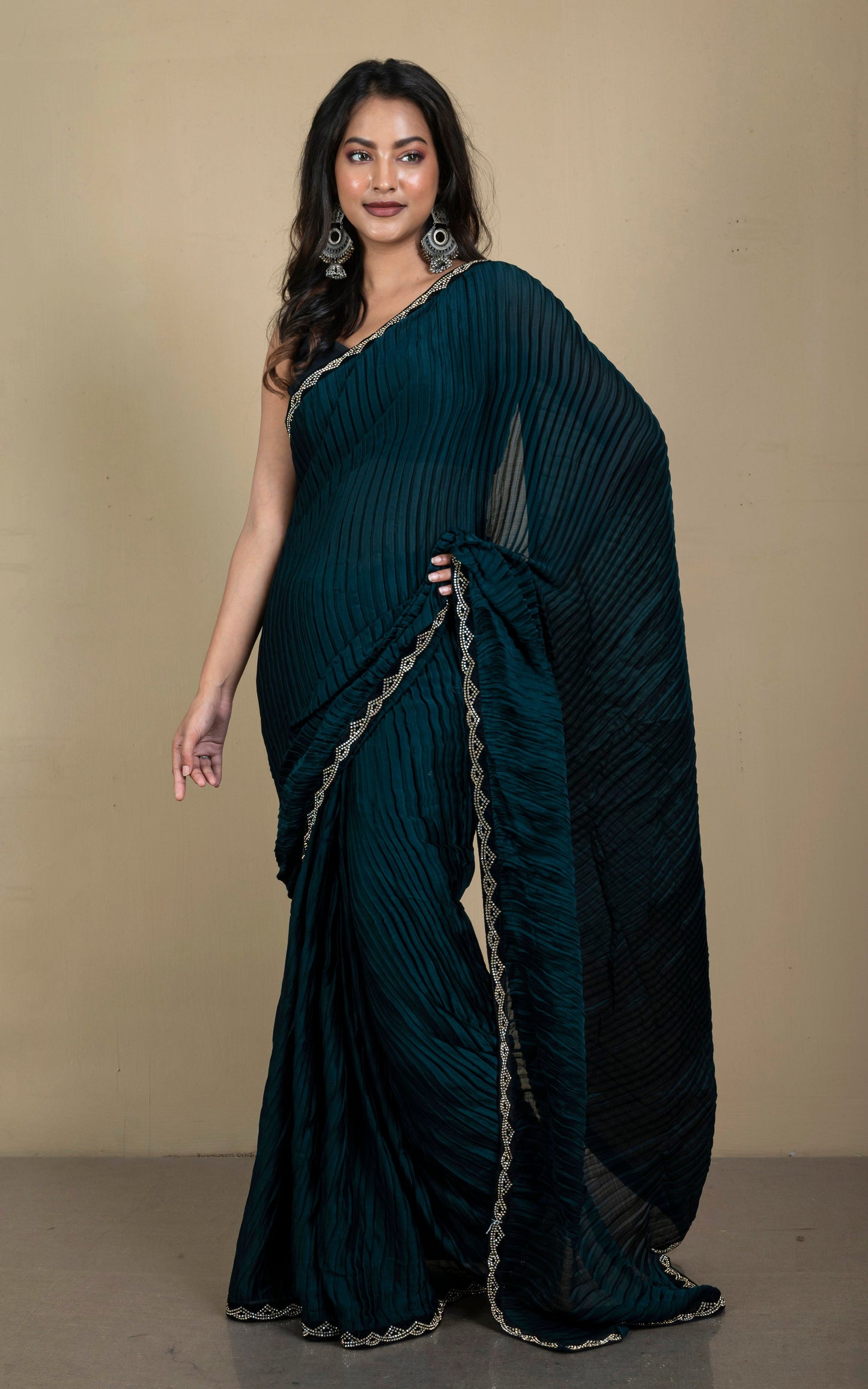 Designer Italian Crepe Silk Ruffle Saree in Peacock Green and Black