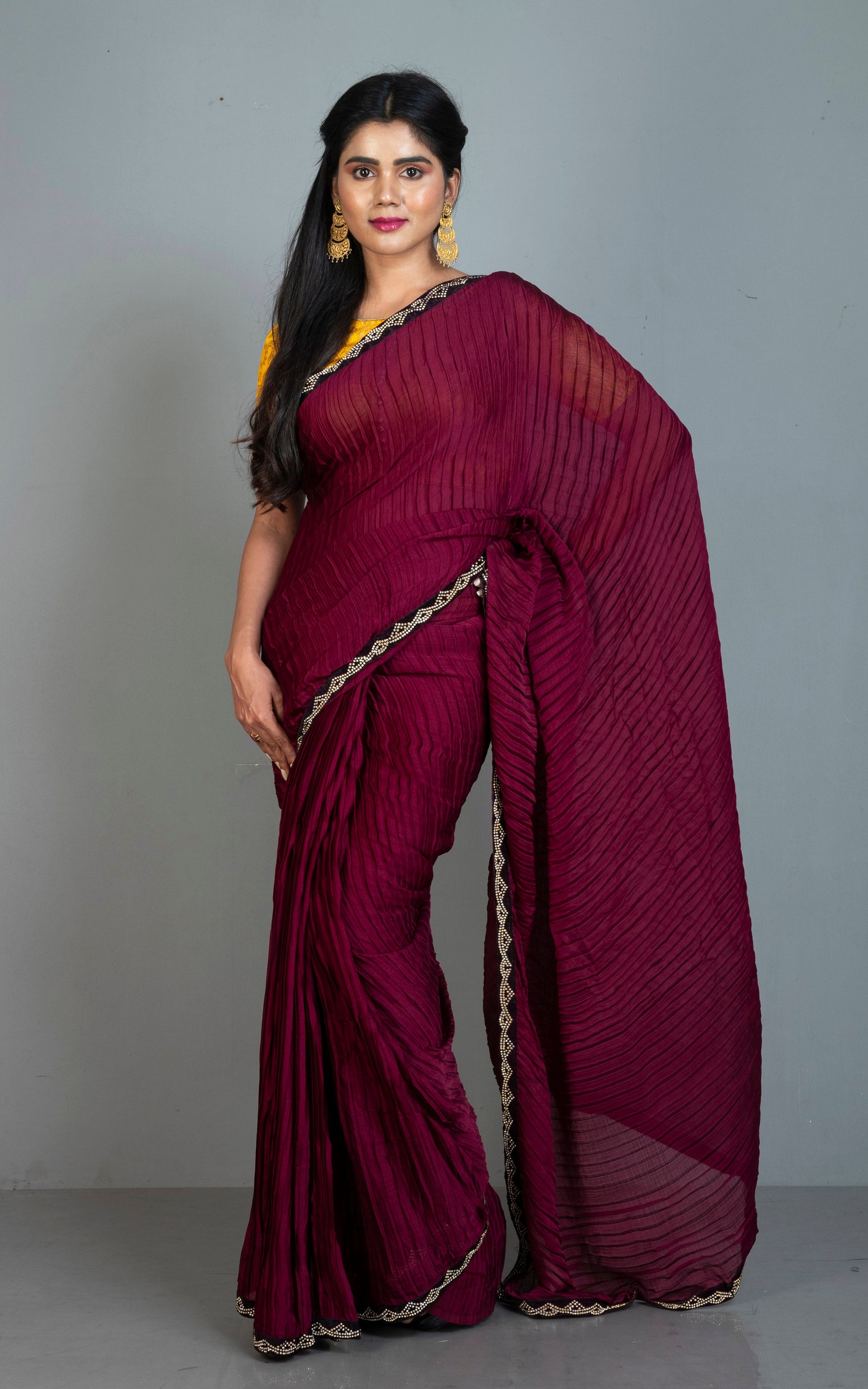 Designer Italian Crepe Silk Ruffle Saree in Dark WIne and Black