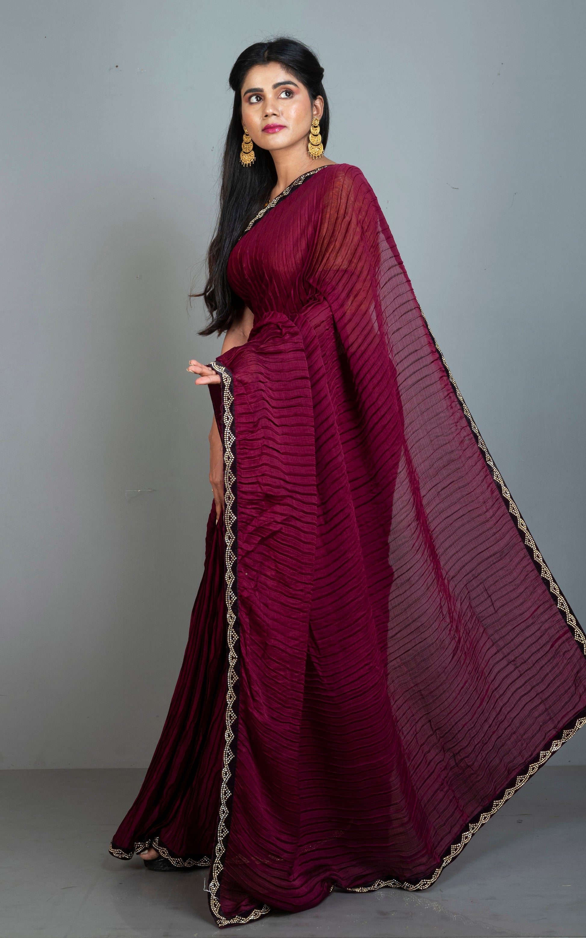 Designer Italian Crepe Silk Ruffle Saree in Dark WIne and Black