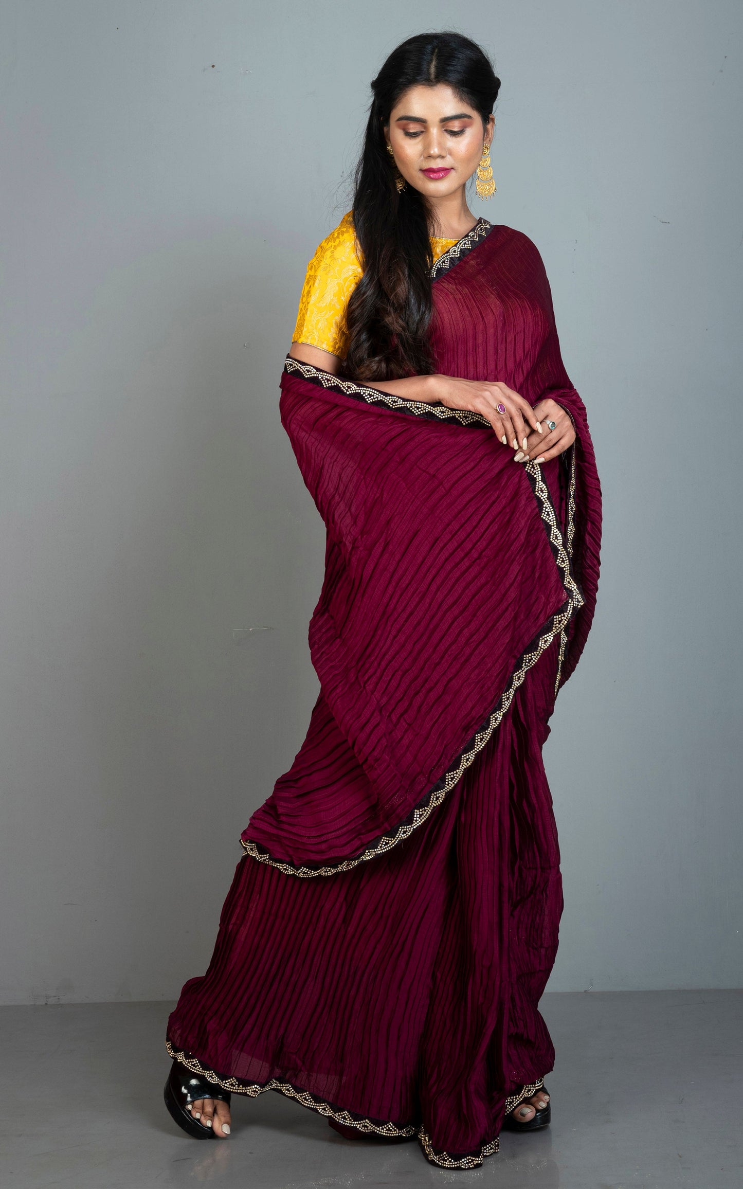 Designer Italian Crepe Silk Ruffle Saree in Dark WIne and Black