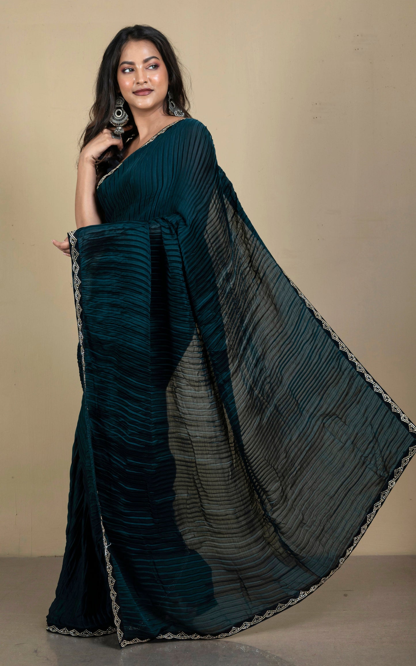 Designer Italian Crepe Silk Ruffle Saree in Peacock Green and Black