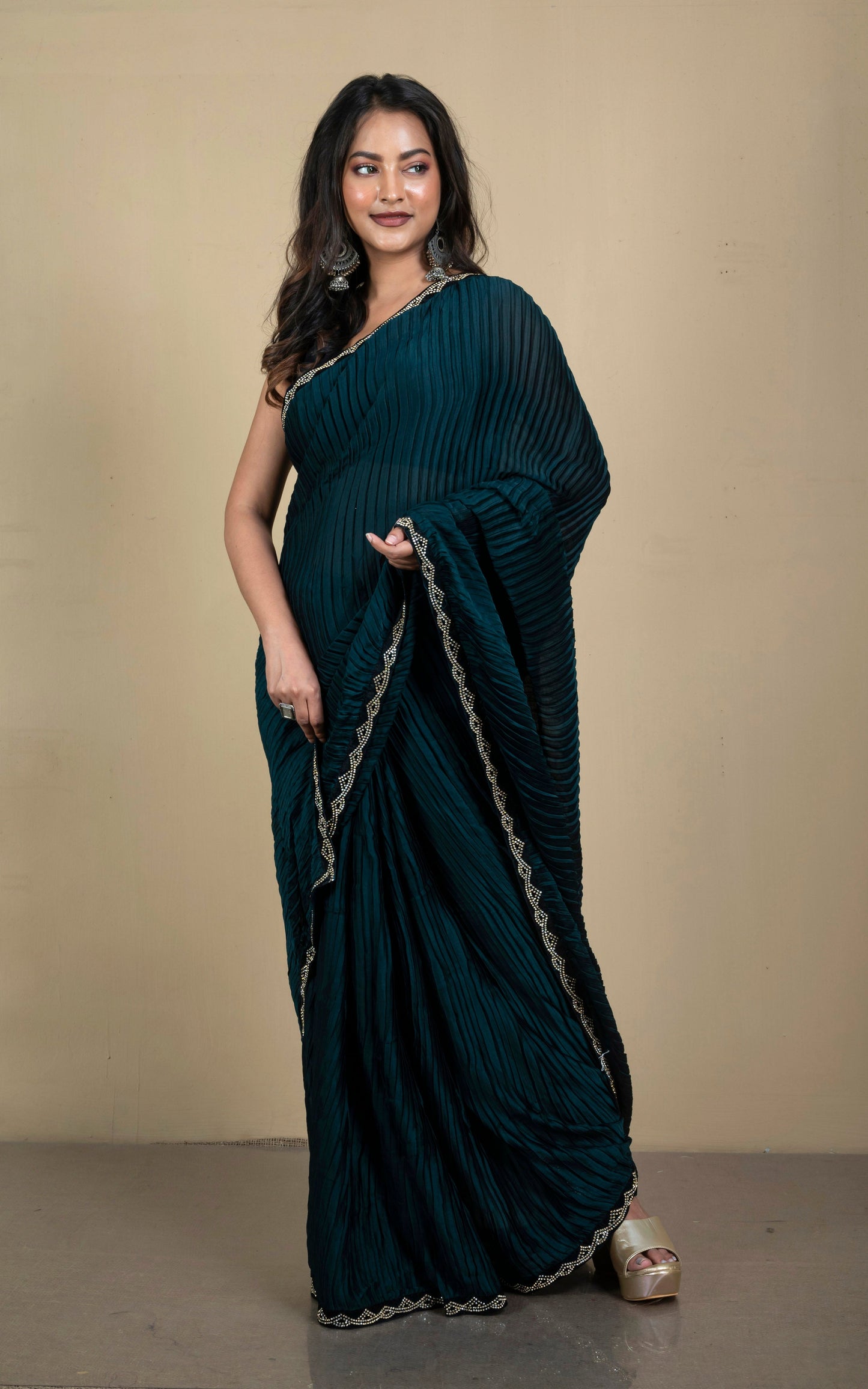 Designer Italian Crepe Silk Ruffle Saree in Peacock Green and Black