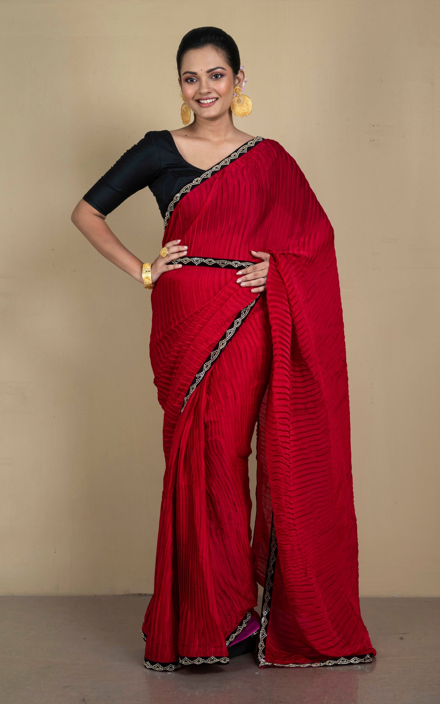 Designer Italian Crepe Silk Ruffle Saree in Cherry Red and Black