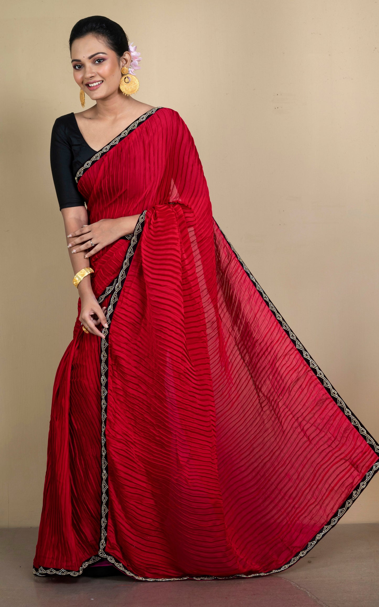 Designer Italian Crepe Silk Ruffle Saree in Cherry Red and Black