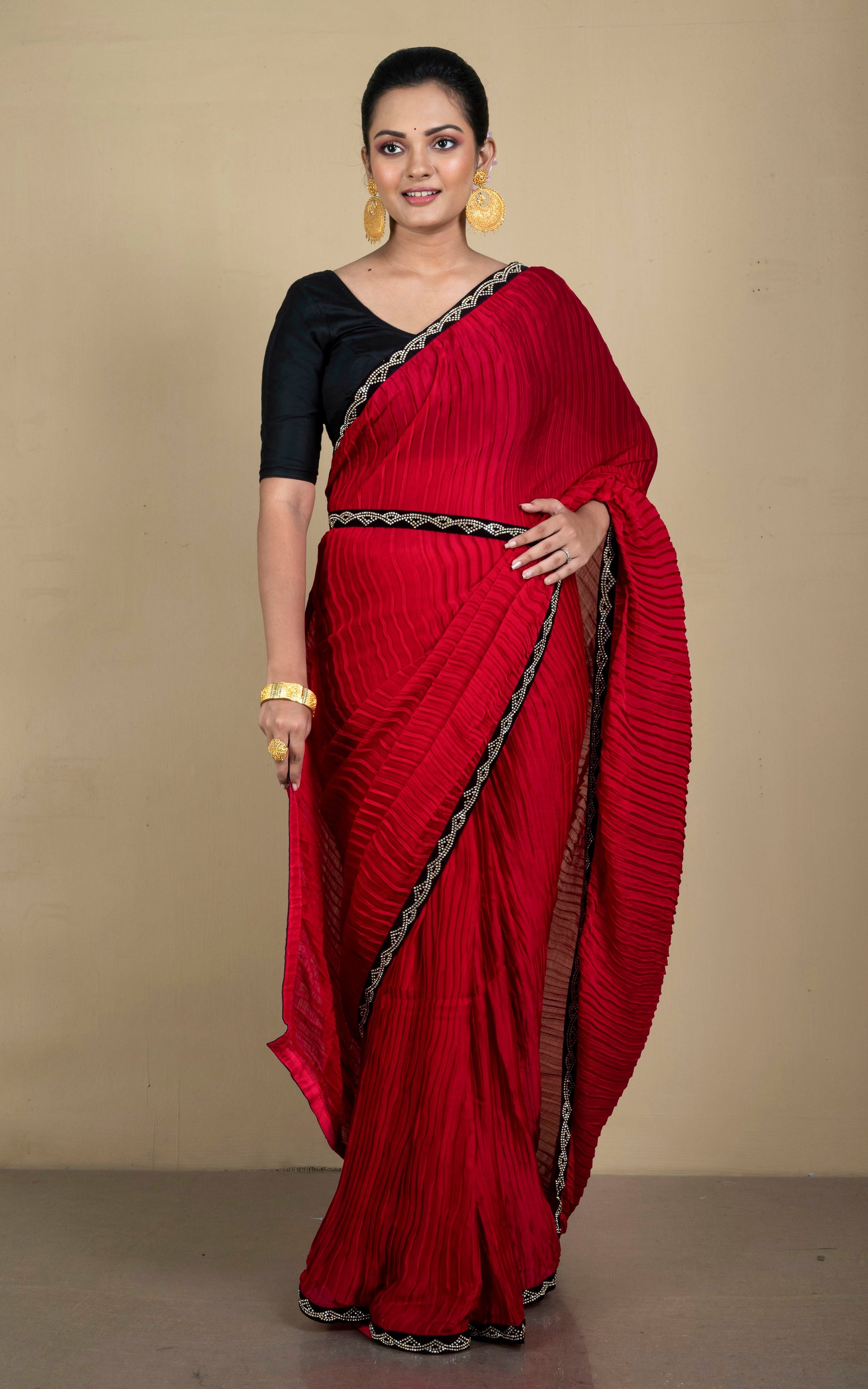 Designer Italian Crepe Silk Ruffle Saree in Cherry Red and Black