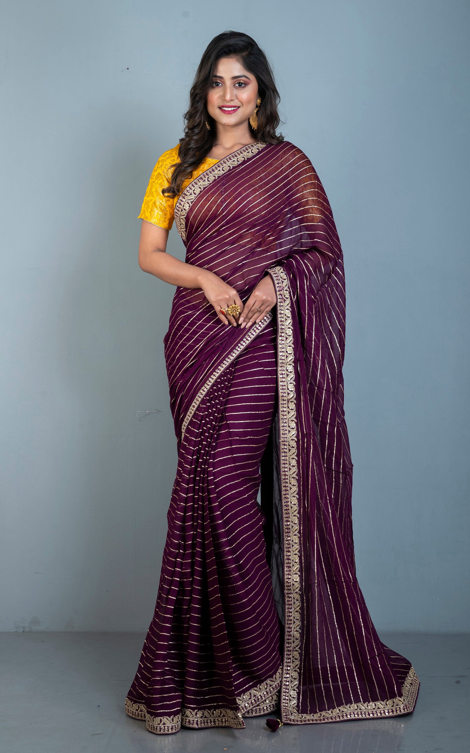 Khaddi Georgette Designer Saree in Royal Purple and Antique Gold