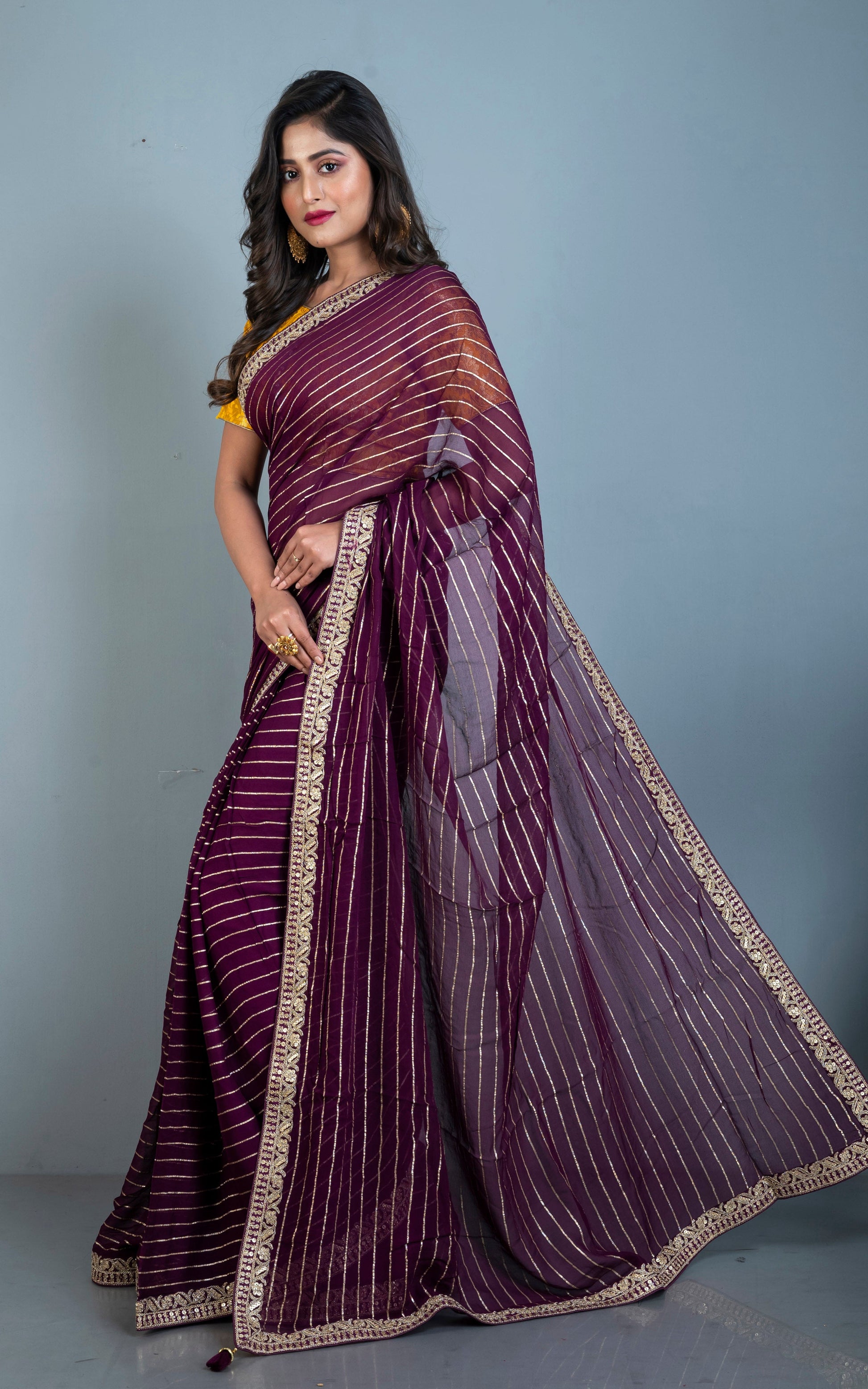 Khaddi Georgette Designer Saree in Royal Purple and Antique Gold