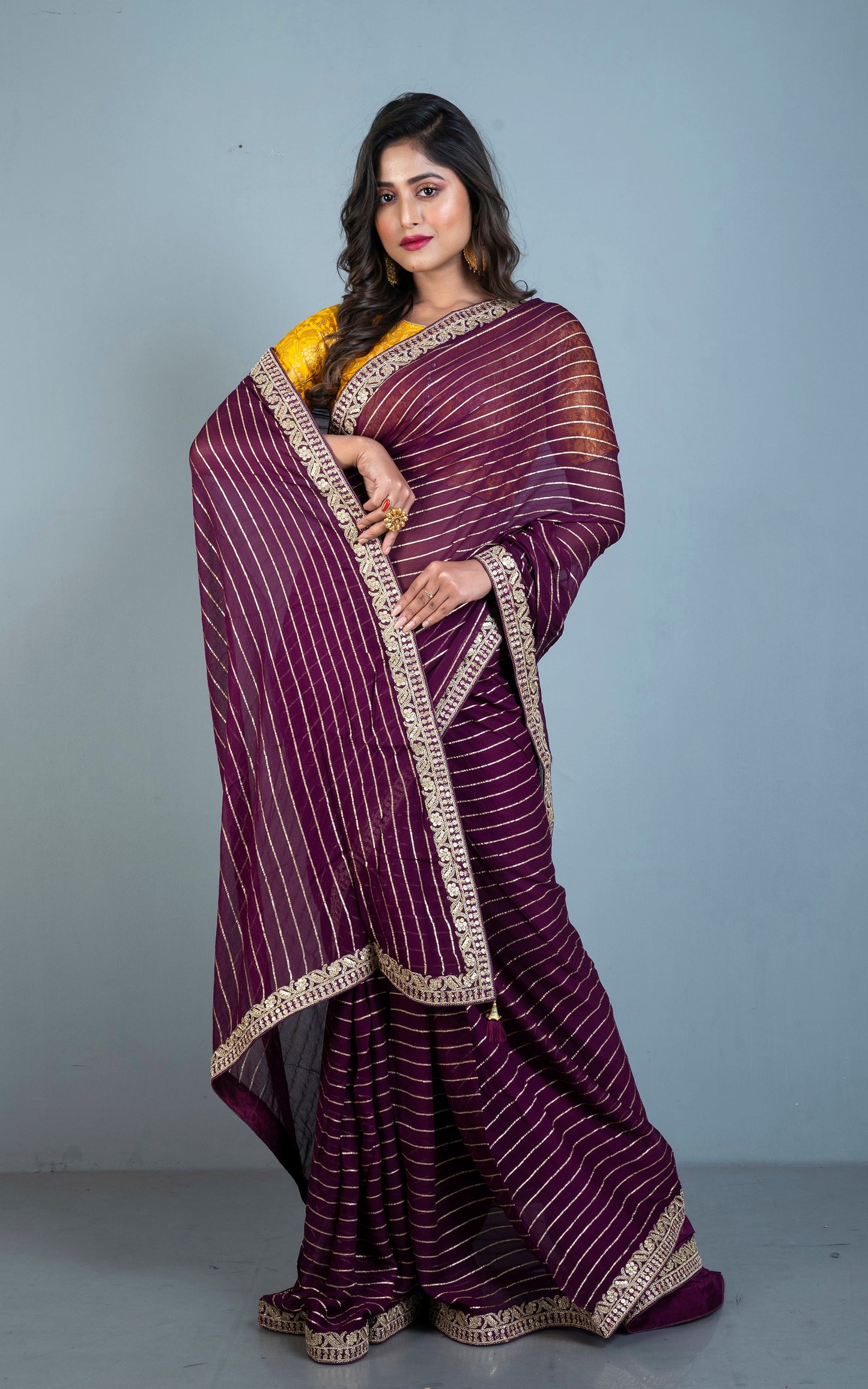 Khaddi Georgette Designer Saree in Royal Purple and Antique Gold