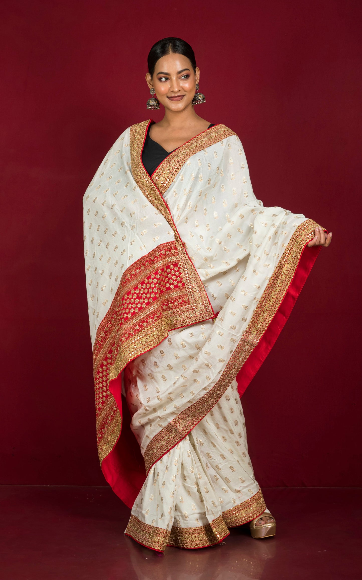 Dola Khaddi Georgette Occasional Wear Saree in Off White, Red and Antique Gold