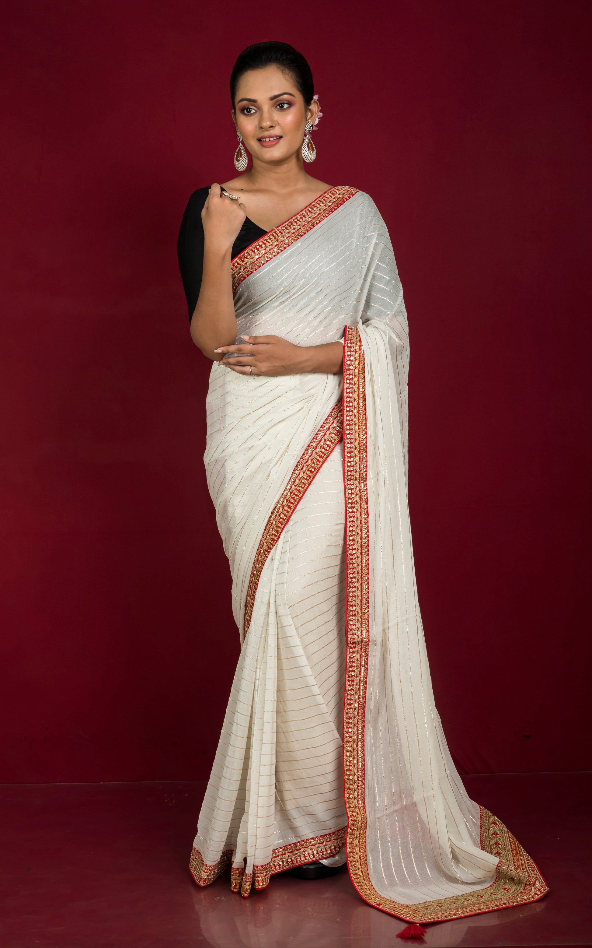 Khaddi Georgette Designer Saree in Off White, Red and Antique Gold