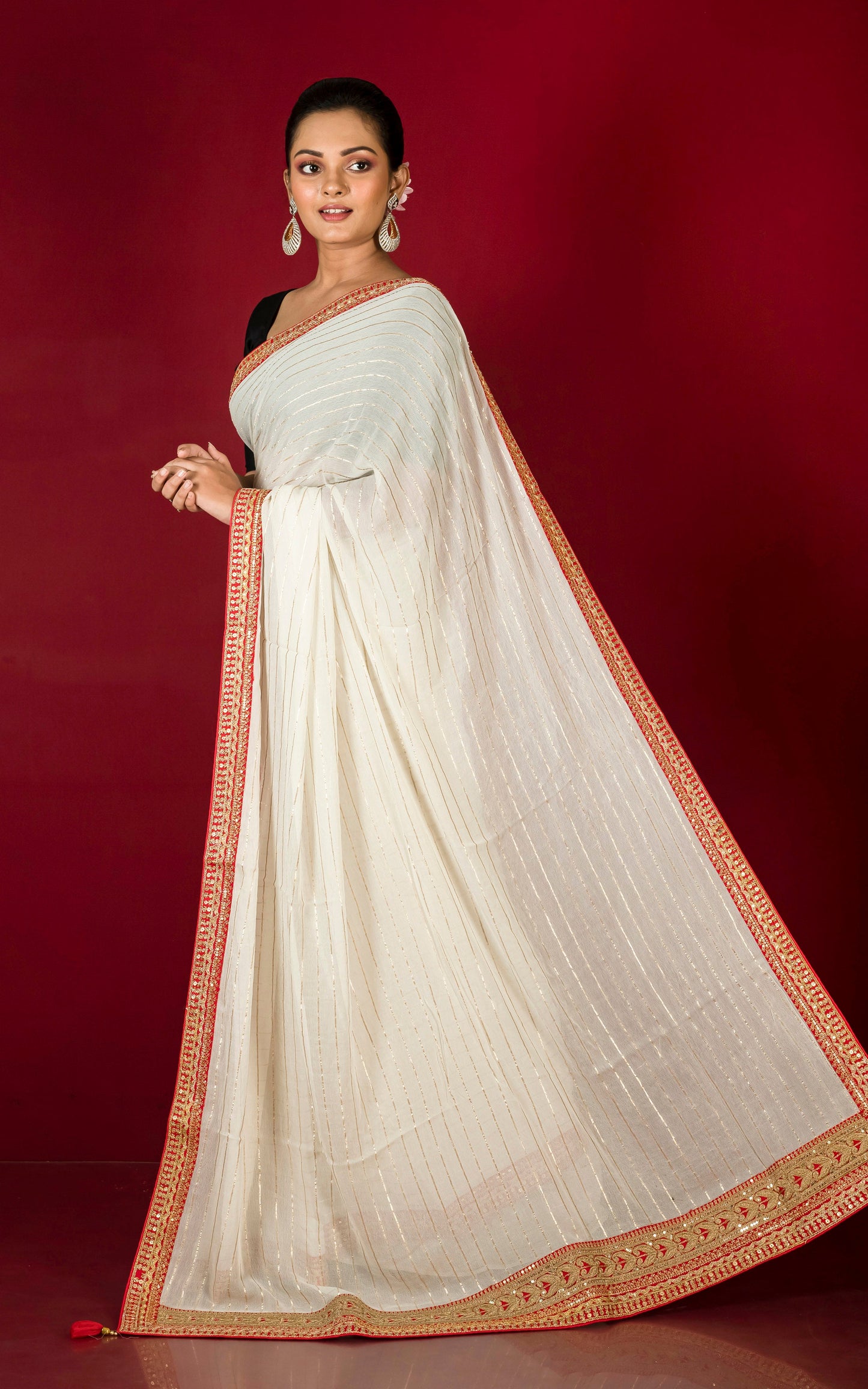 Khaddi Georgette Designer Saree in Off White, Red and Antique Gold