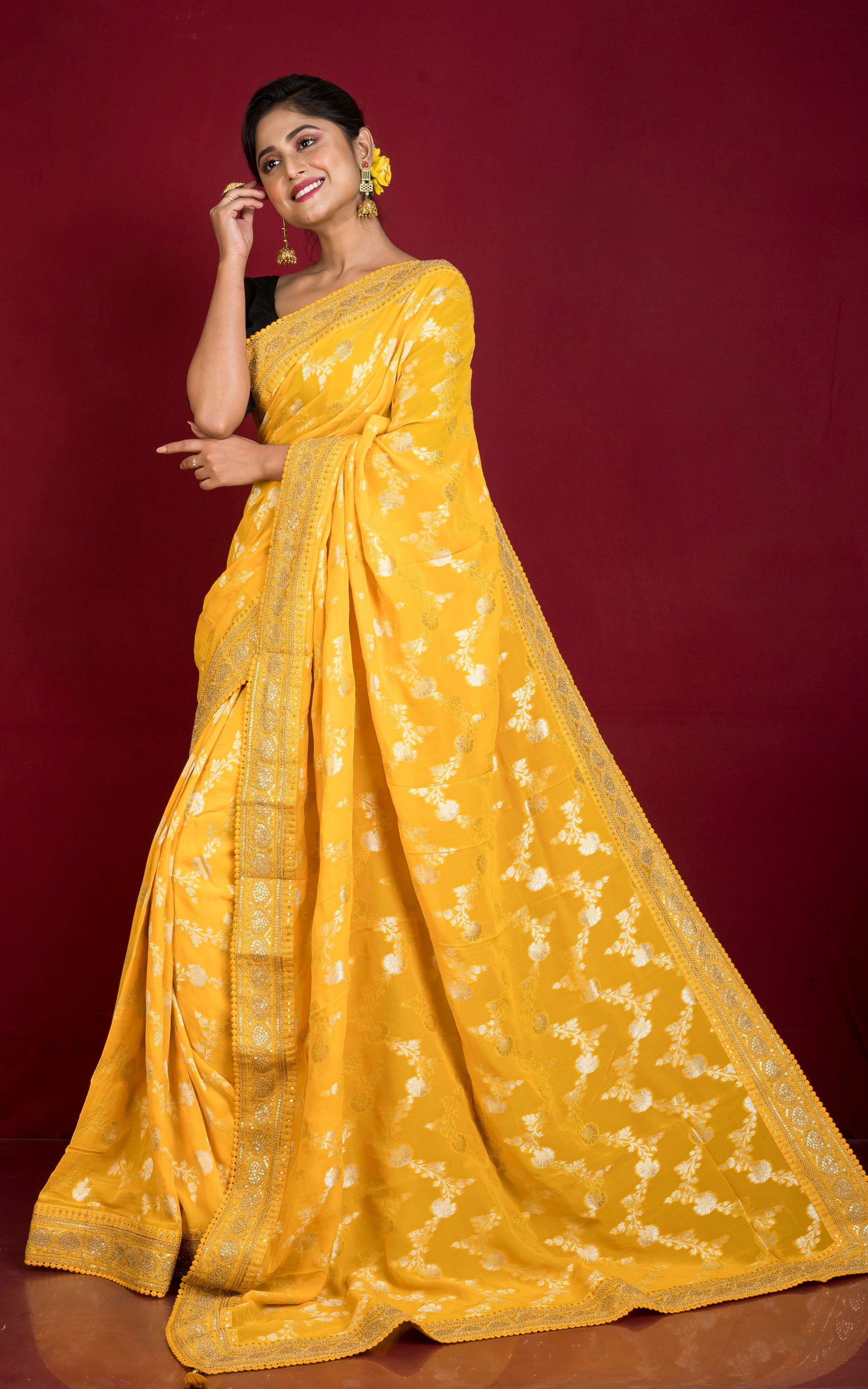 Handwoven Khaddi Georgette Designer Saree in Bright Yellow and Antique Gold