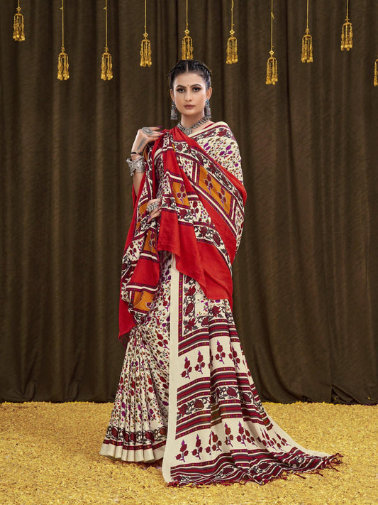 Printed Pashmina Saree and Shawl in Beige, Red and Multicolored Prints