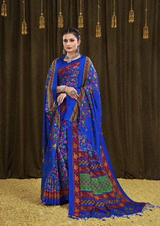 Printed Pashmina Saree and Shawl in Blue and Multicolored Prints