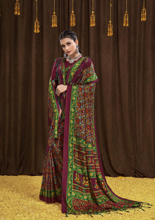 Printed Pashmina Saree and Shawl in Wine, Green and Multicolored Prints