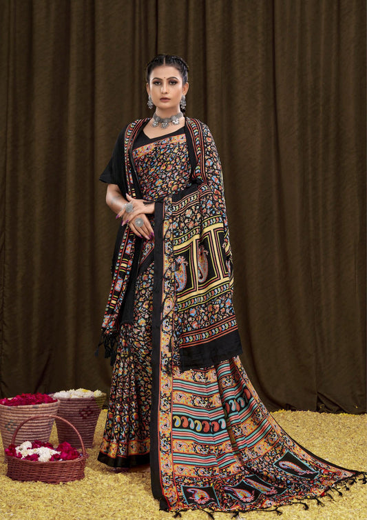 Printed Pashmina Saree and Shawl in Black and Multicolored Prints