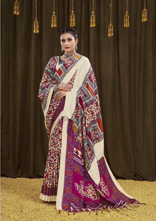 Printed Pashmina Saree and Shawl in Ivory and Multicolored Prints