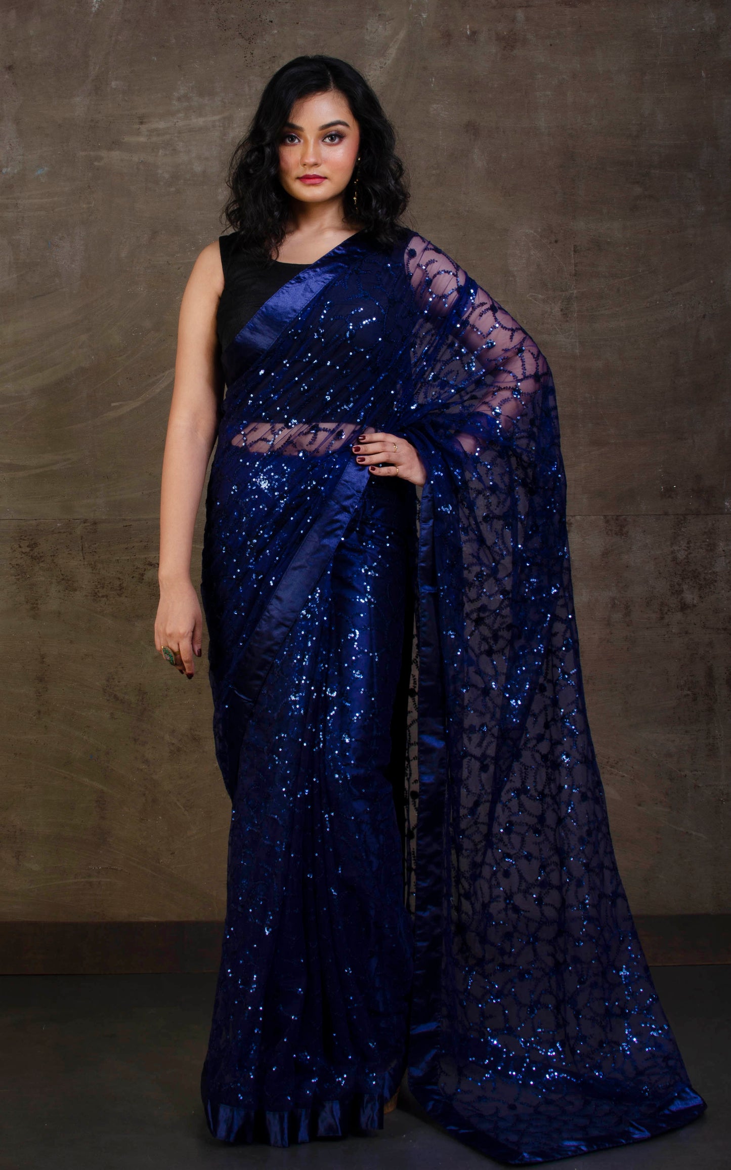 Designer Italian Net with Sequence Woven Bollywood Sarees in Navy Blue