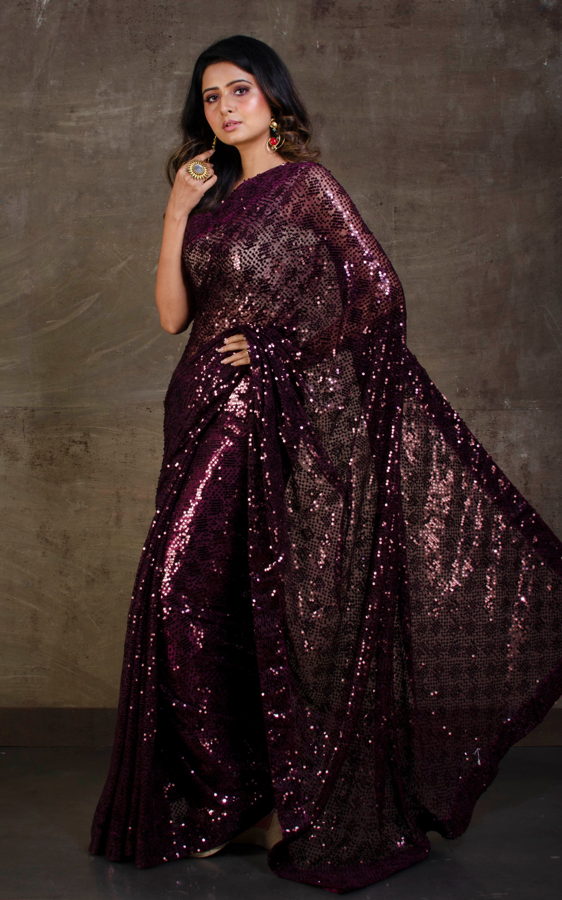 Designer Italian Net with Sequence Woven Bollywood Sarees in Dark Wine