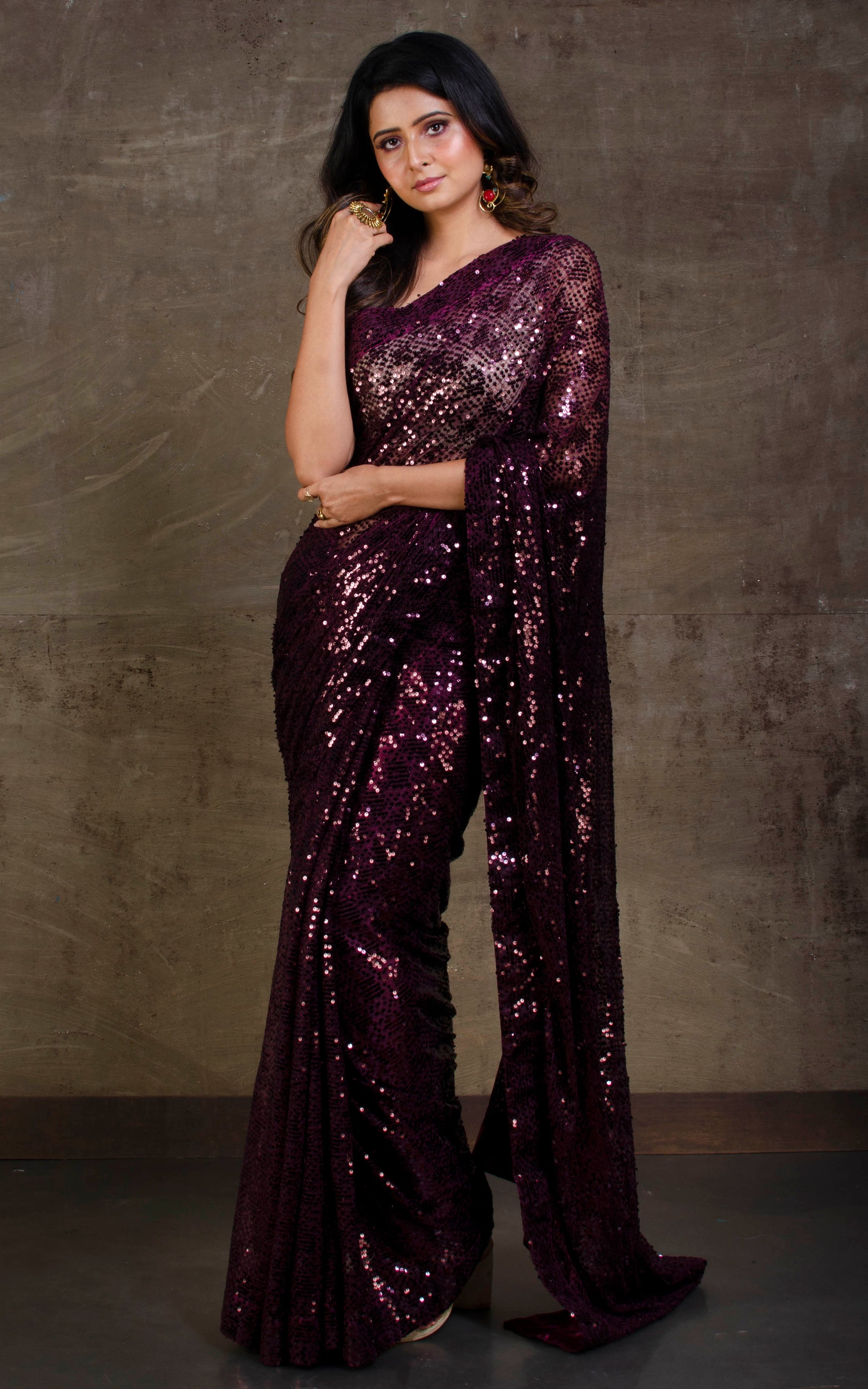 Designer Italian Net with Sequence Woven Bollywood Sarees in Dark Wine