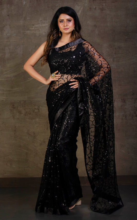 Designer Italian Net with Sequin Woven Bollywood Sarees in Black