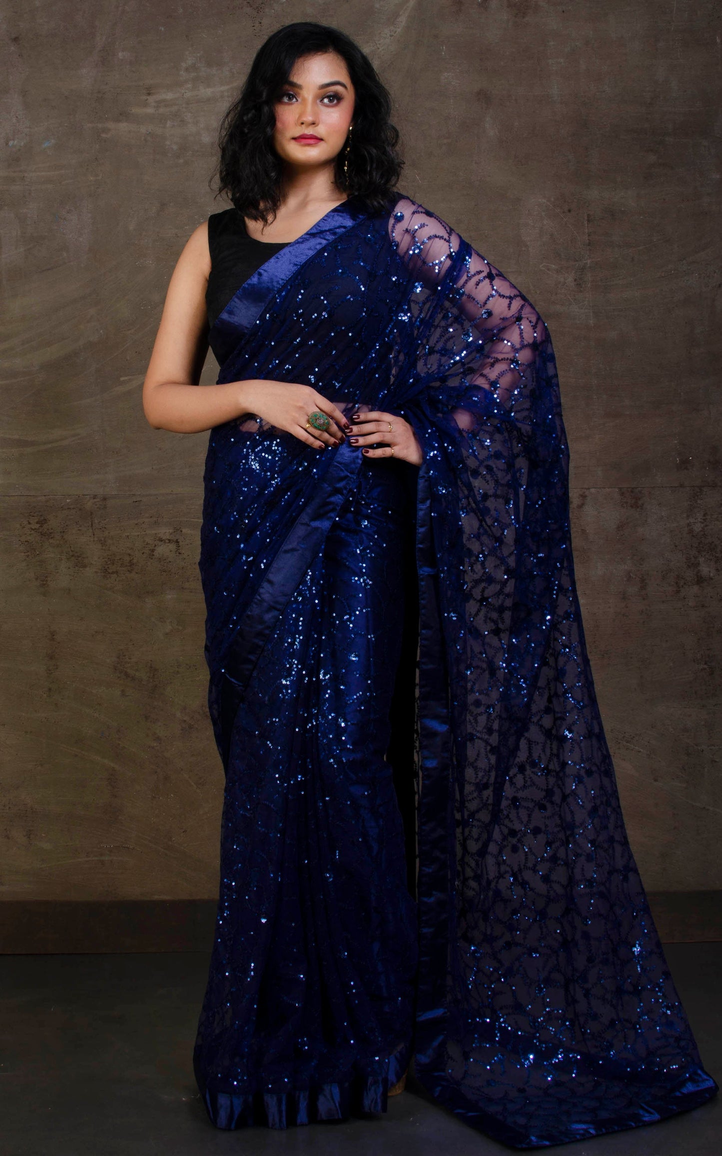 Designer Italian Net with Sequence Woven Bollywood Sarees in Navy Blue