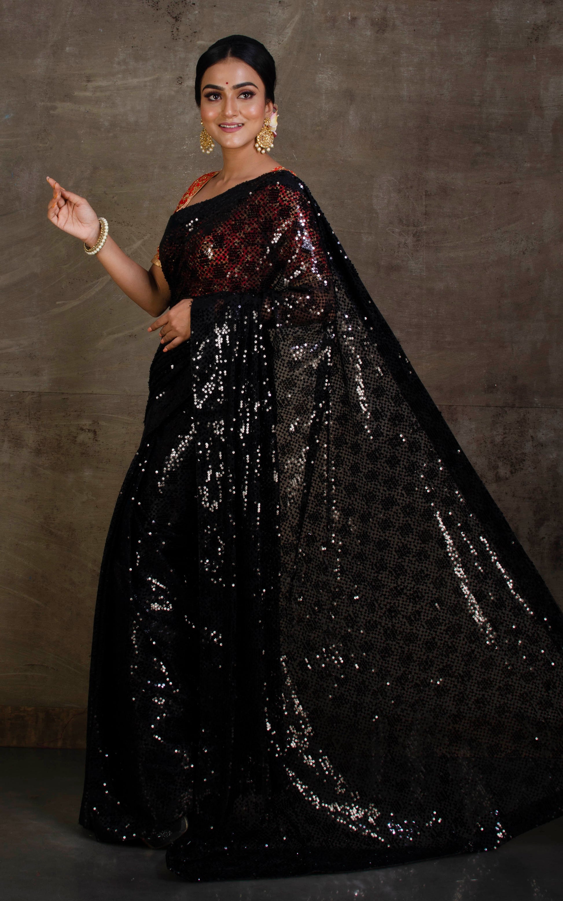 Designer Italian Net with Sequin Woven Bollywood Sarees in Black