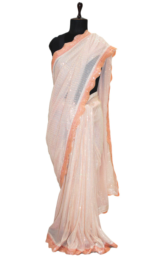 Contrast Sequin Nakshi Border Italian Net with Sequin Woven Bollywood Sarees in Peach and Salmon