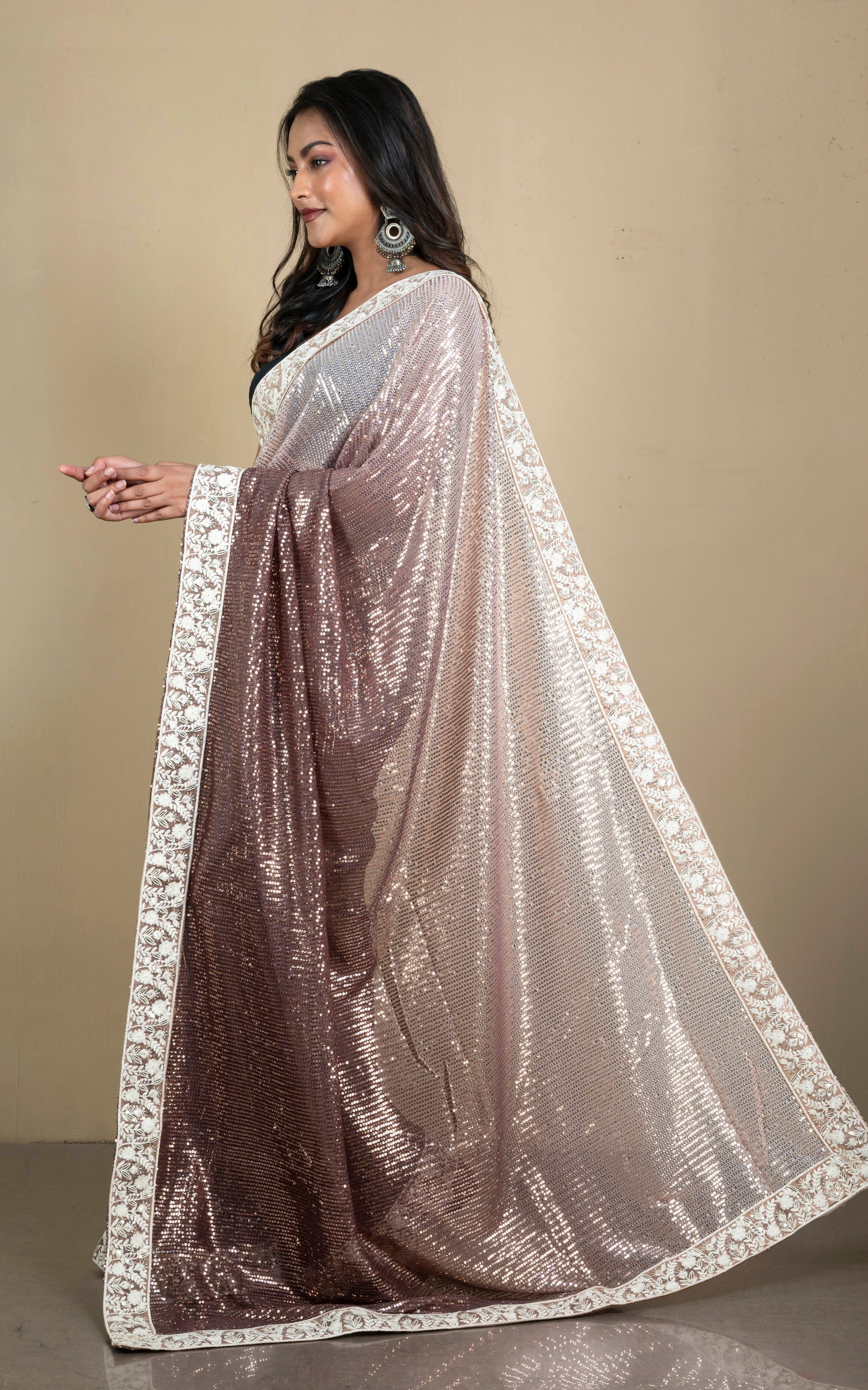 Parsi Work Nakshi Border Italian Shaded Net with Sequin Woven Bollywood Sarees in Almond, Brown Stone and Oatmeal White