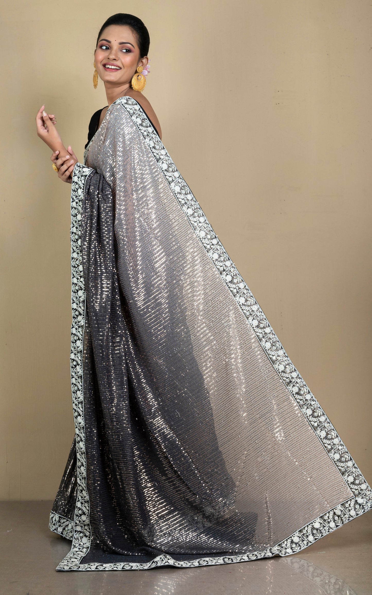 Parsi Work Nakshi Border Italian Shaded Net with Sequin Woven Bollywood Sarees in Burnt Sugar, Dark Truffle and Oatmeal White