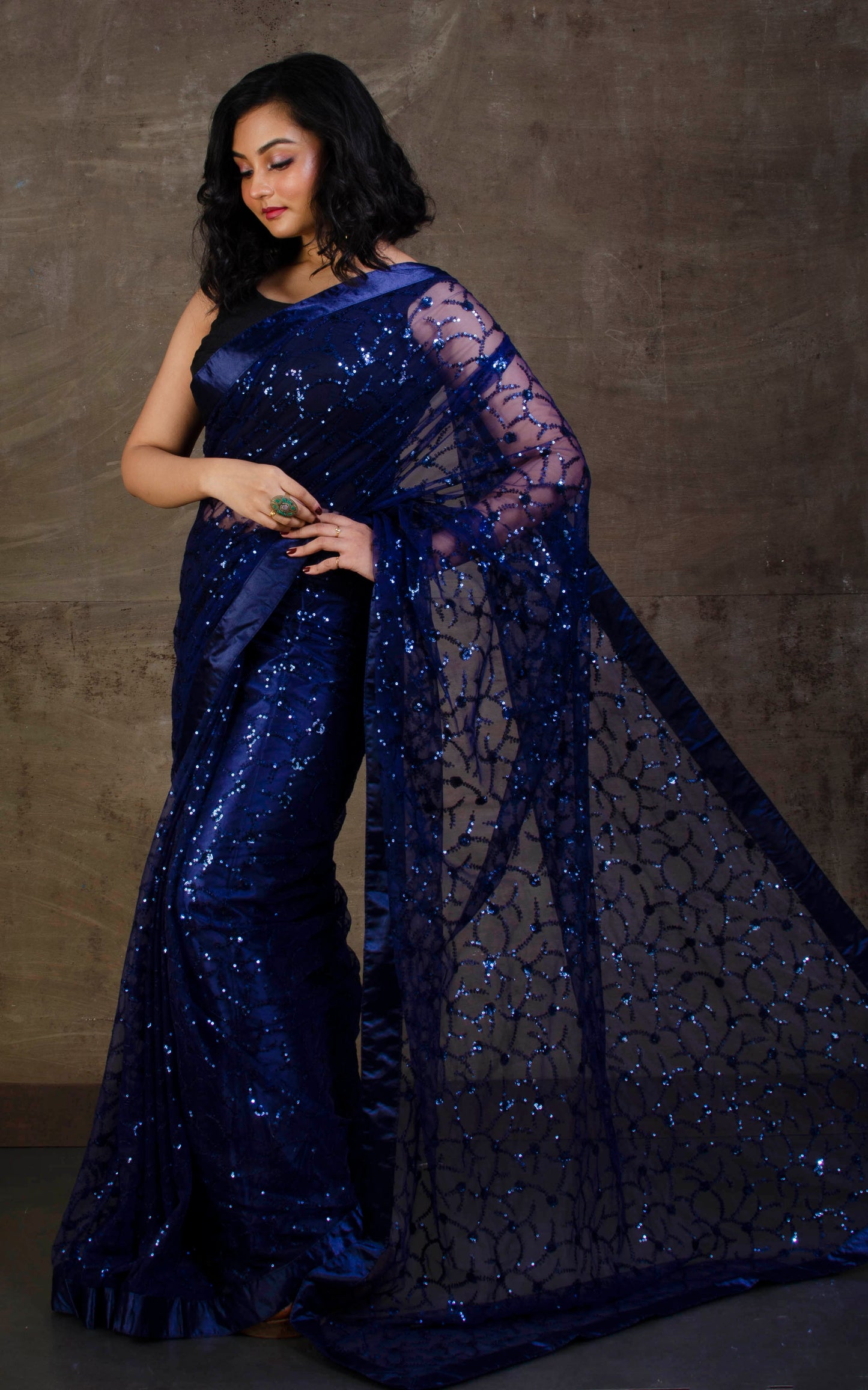 Designer Italian Net with Sequence Woven Bollywood Sarees in Navy Blue