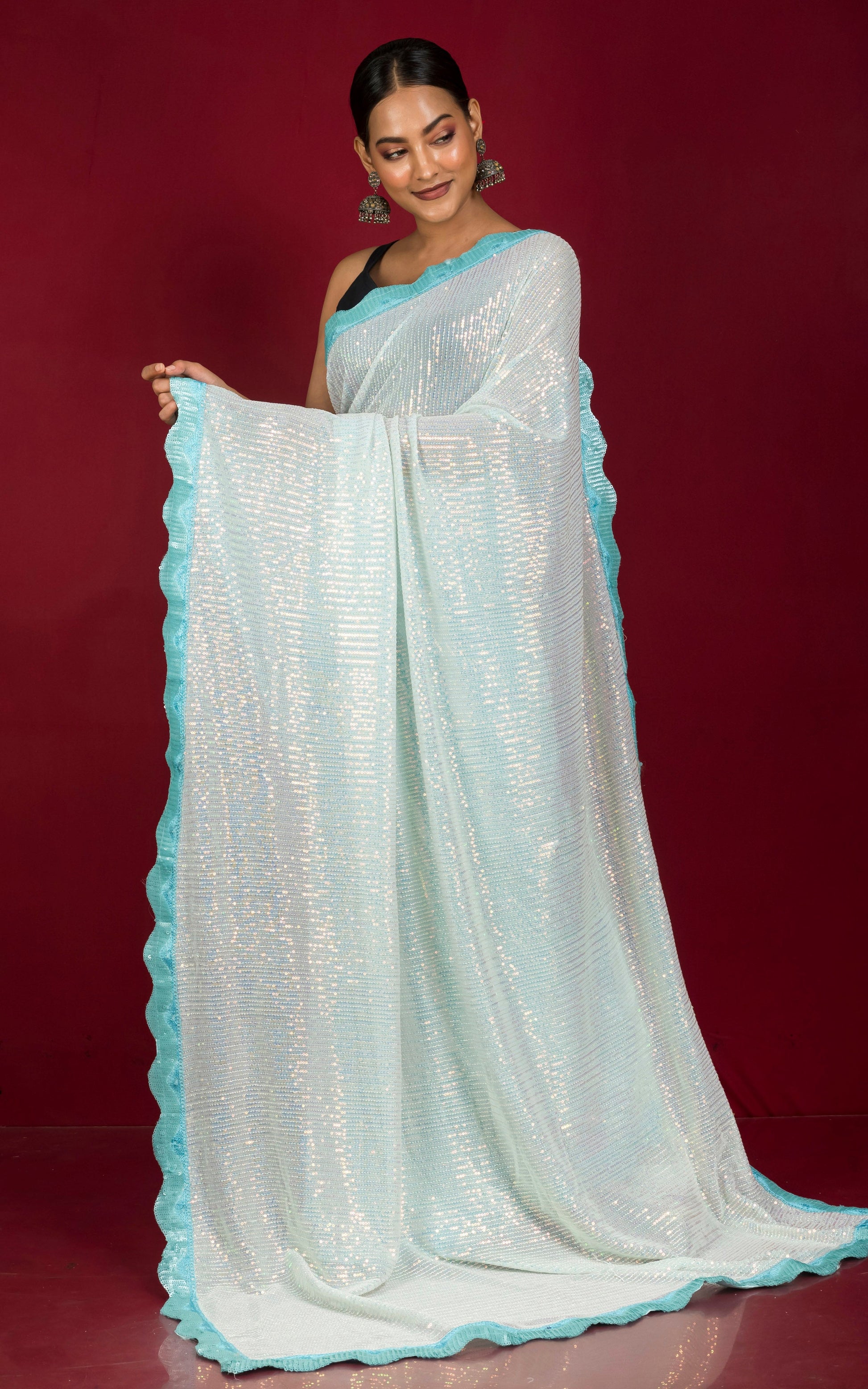 Contrast Sequin Nakshi Border Italian Net with Sequin Woven Bollywood Sarees in Arctic Blue and Baby Blue