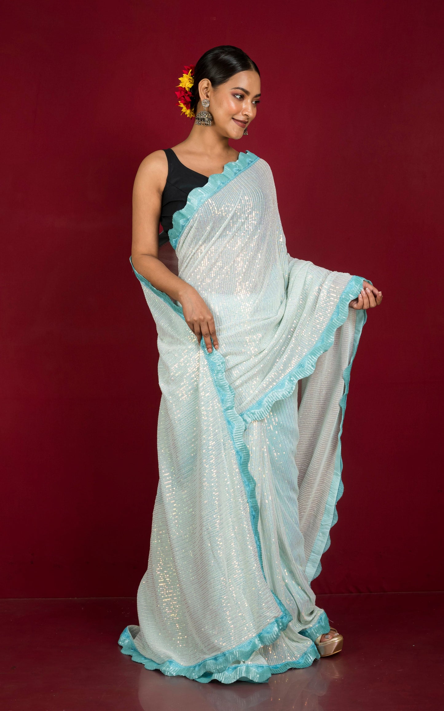 Contrast Sequin Nakshi Border Italian Net with Sequin Woven Bollywood Sarees in Arctic Blue and Baby Blue