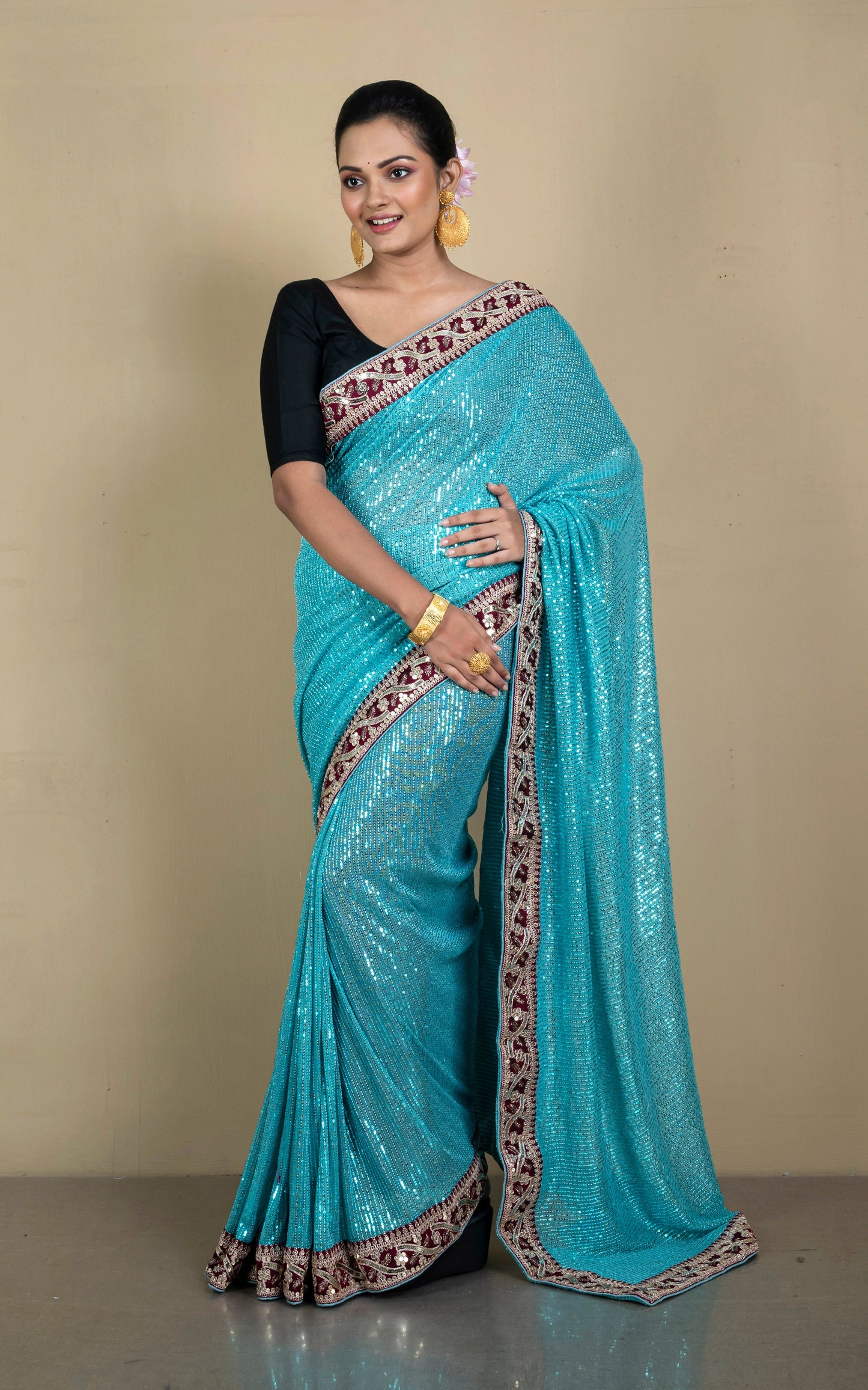 Patch Work Designer Nakshi Border Italian Net with Sequin Woven Bollywood Sarees in Aqua Blue and Maroon